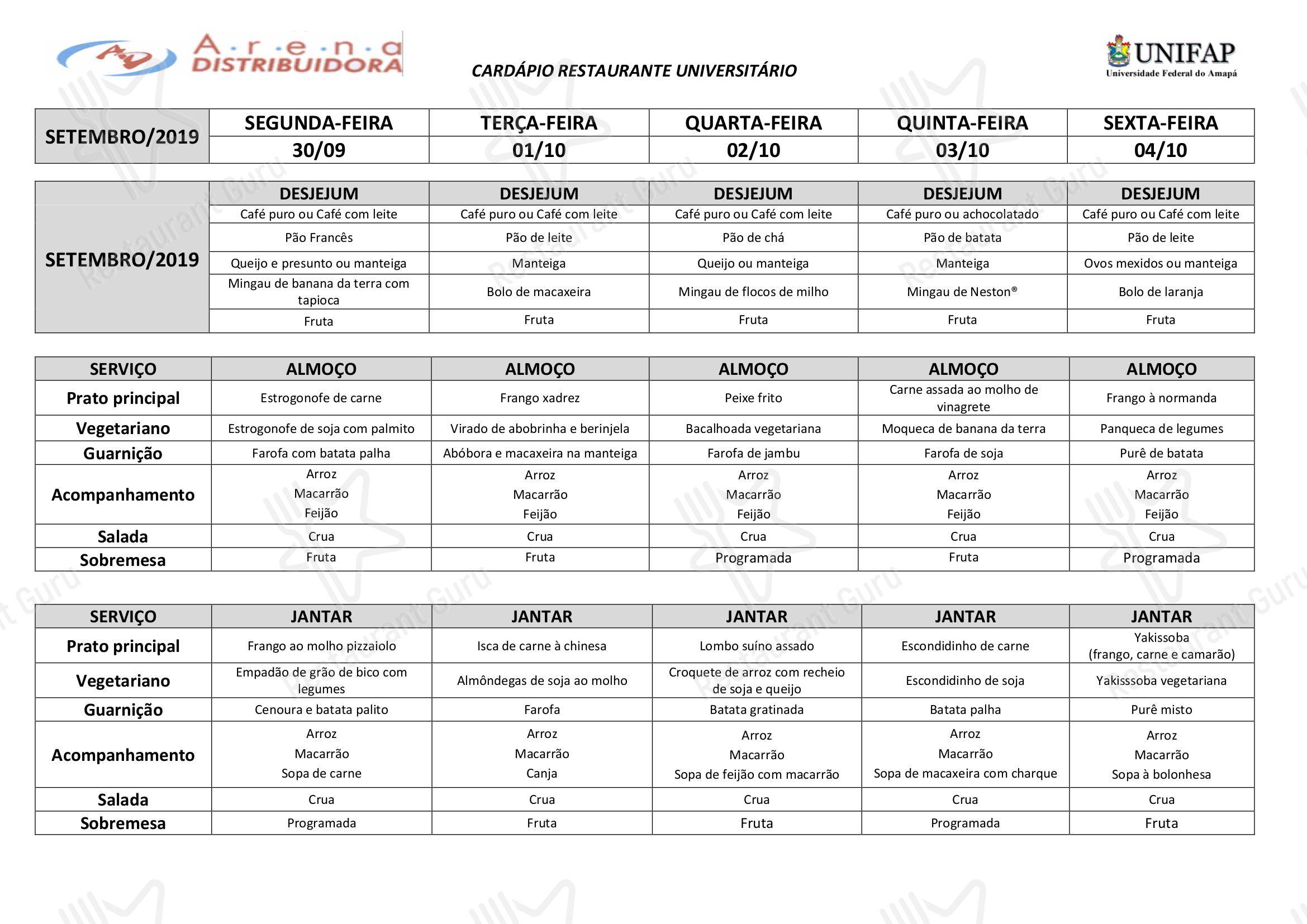Menu summer para Restaurante Universitário - UNIFAP em Macapá