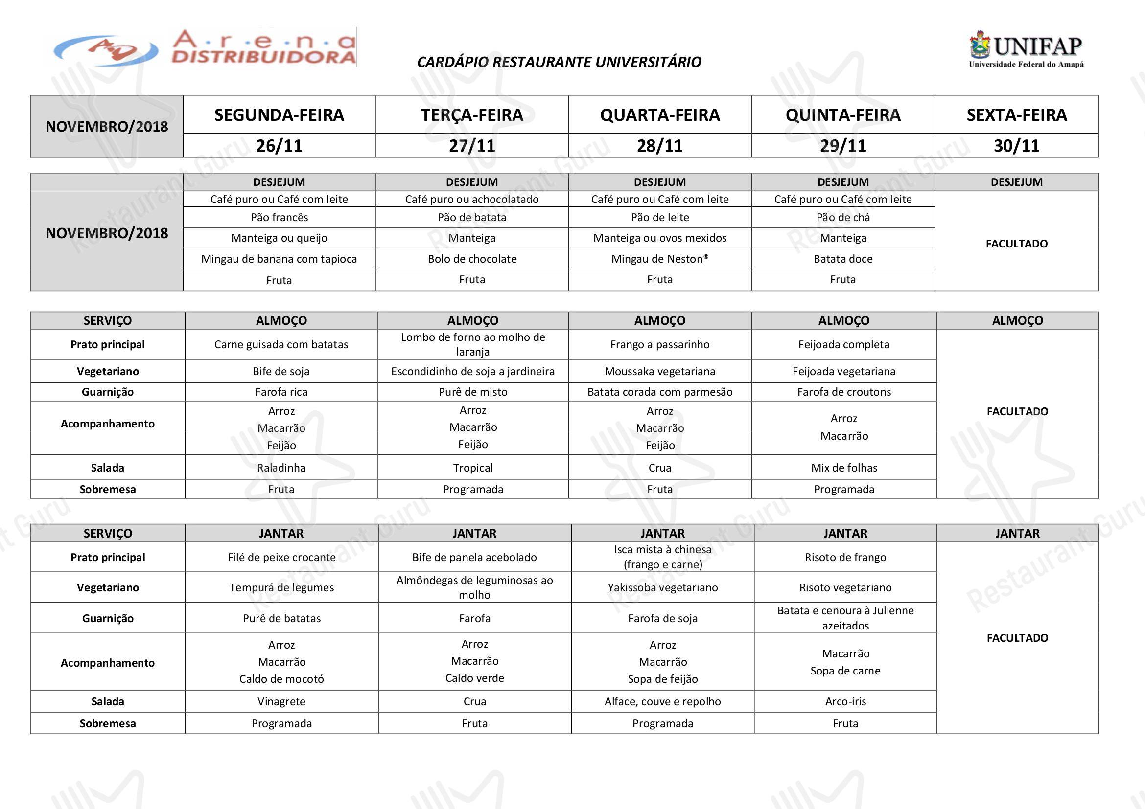 Restaurante Universitário - UNIFAP - Daily and catering menu