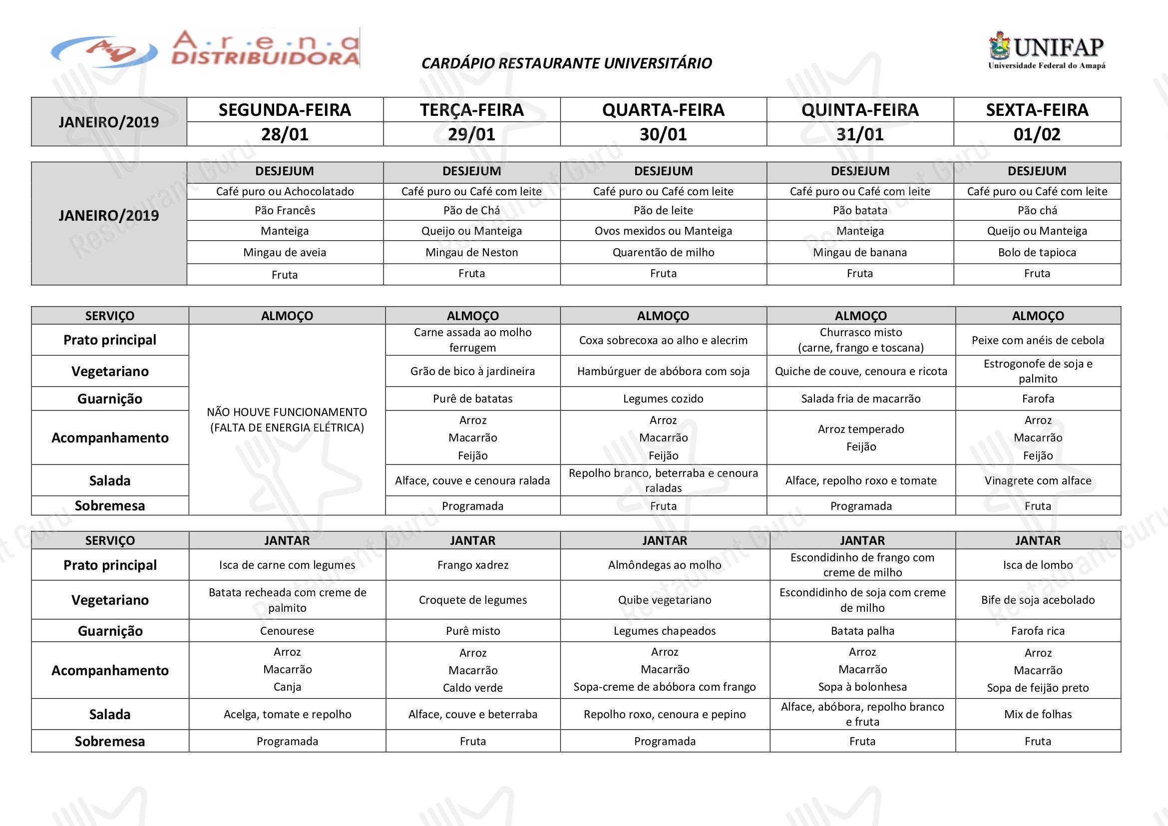 Restaurante Universitário - UNIFAP - BAR AND GRILL MENU