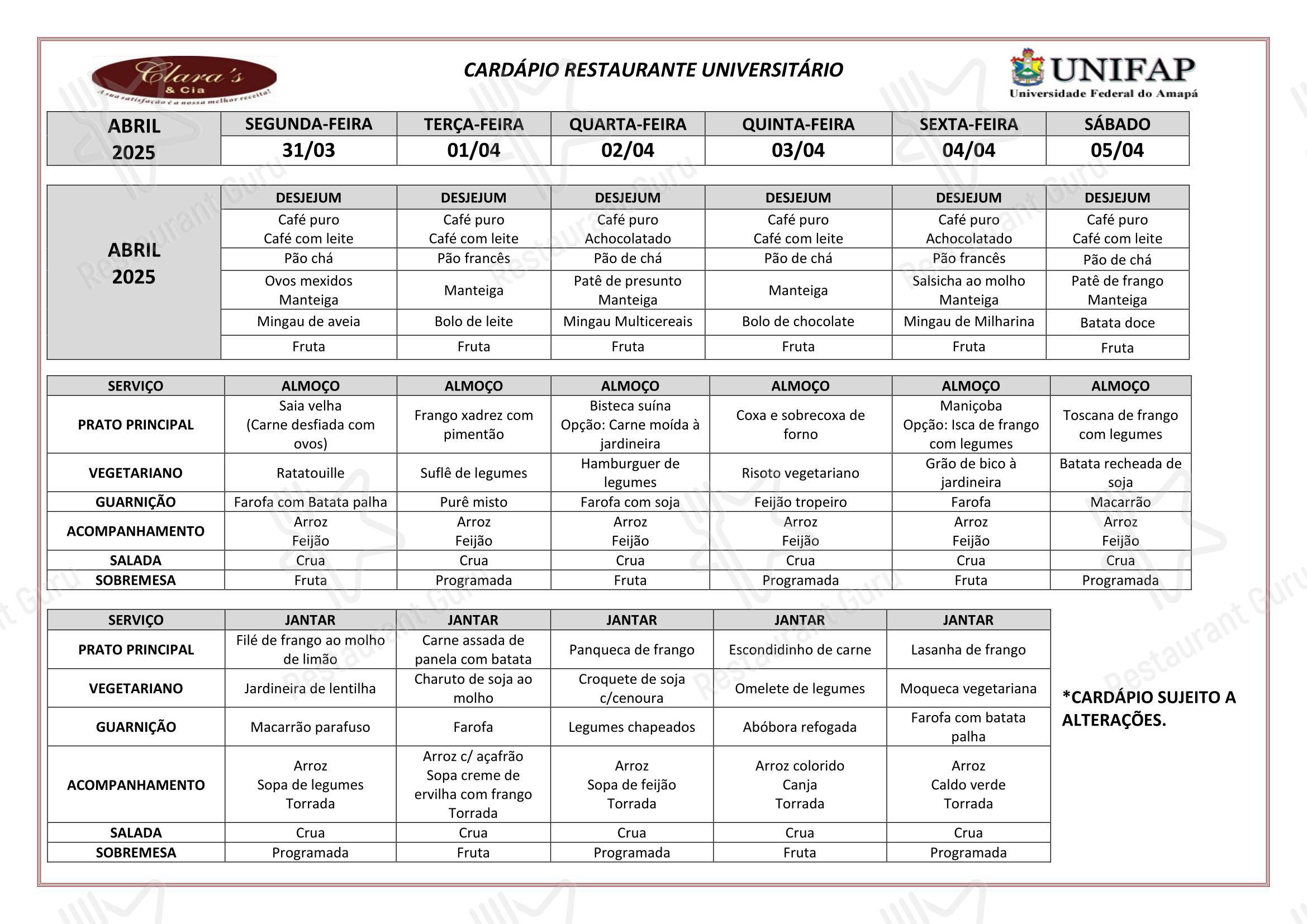 Restaurante Universitário - UNIFAP menu - pratos e drinques
