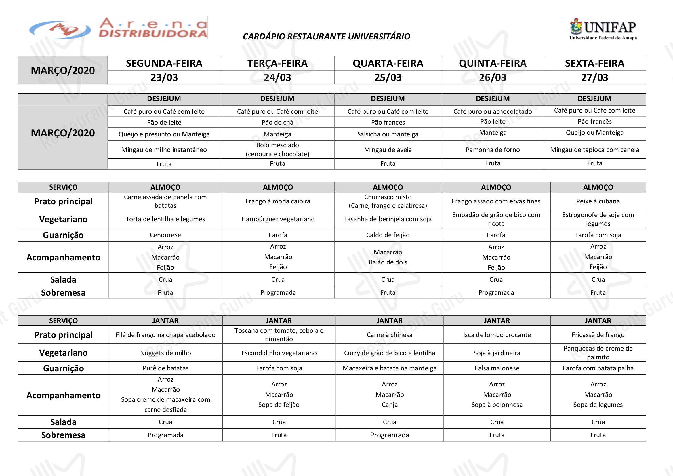 Menu completo para Restaurante Universitário - UNIFAP em Macapá