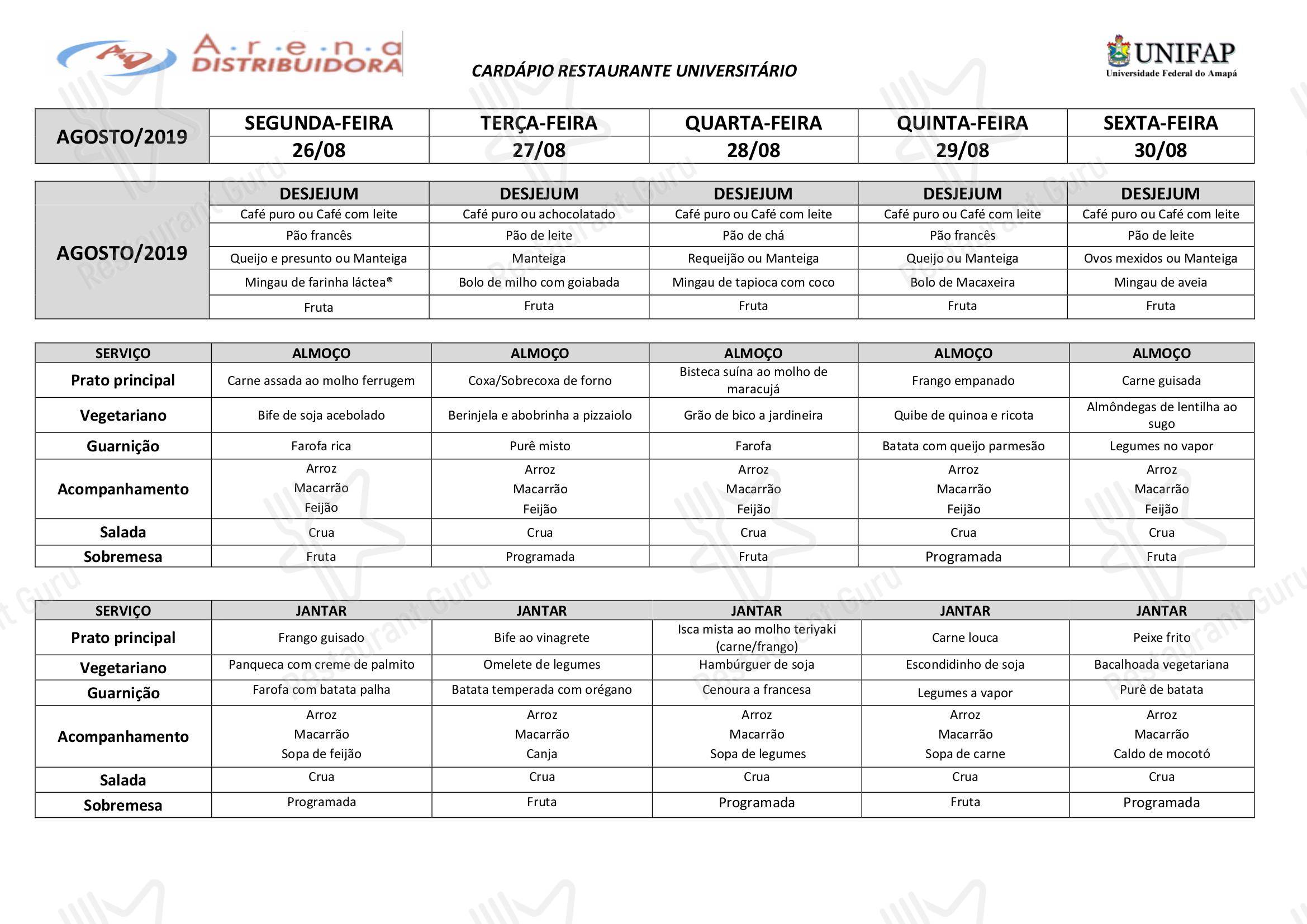 Restaurante Universitário - UNIFAP em Macapá - Carta menu