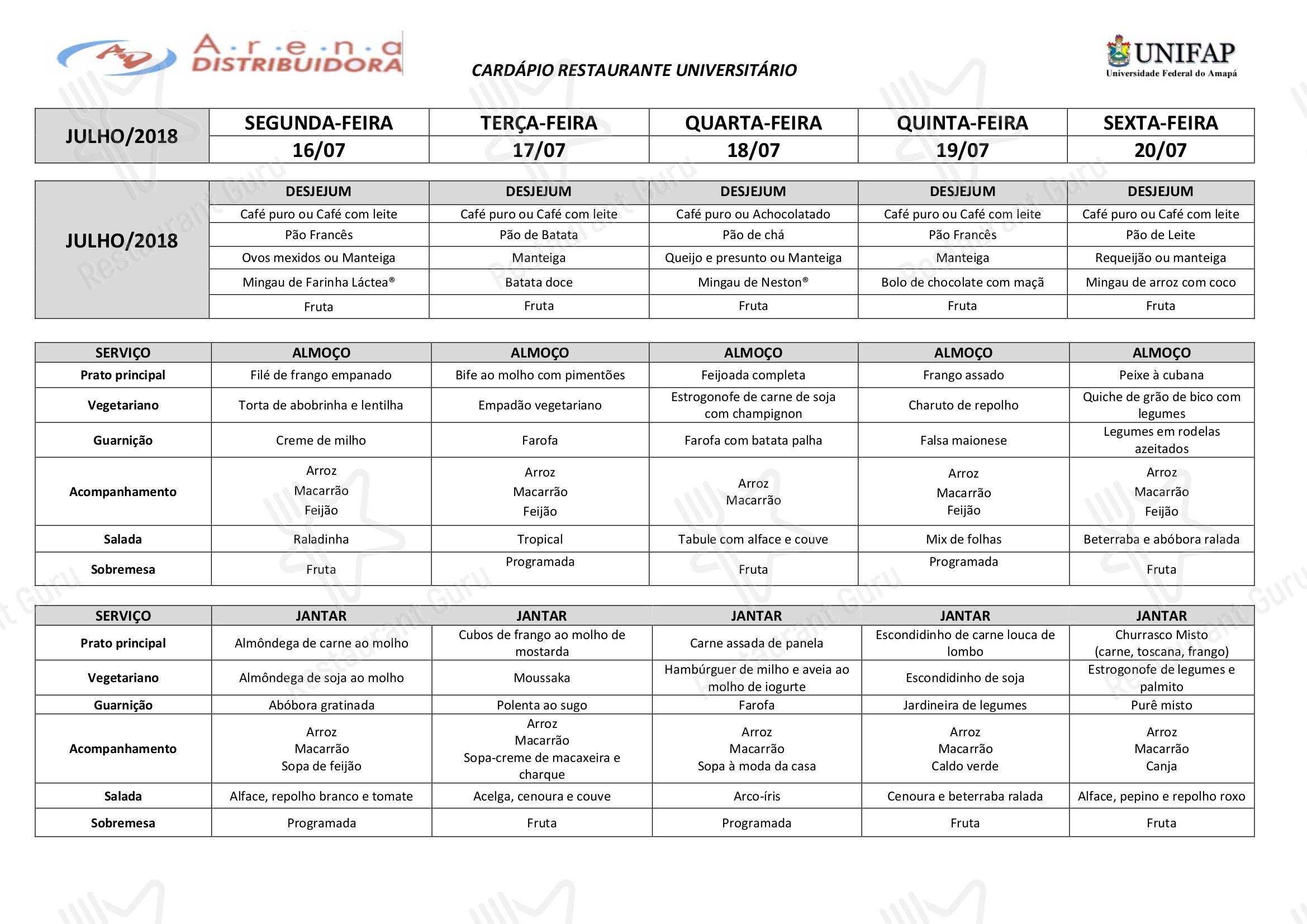 Restaurante Universitário - UNIFAP - Breakfast a la Carte Menu
