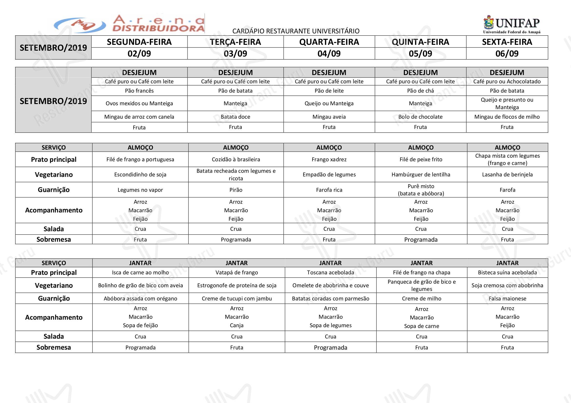 Brunch Menu para Restaurante Universitário - UNIFAP em Macapá