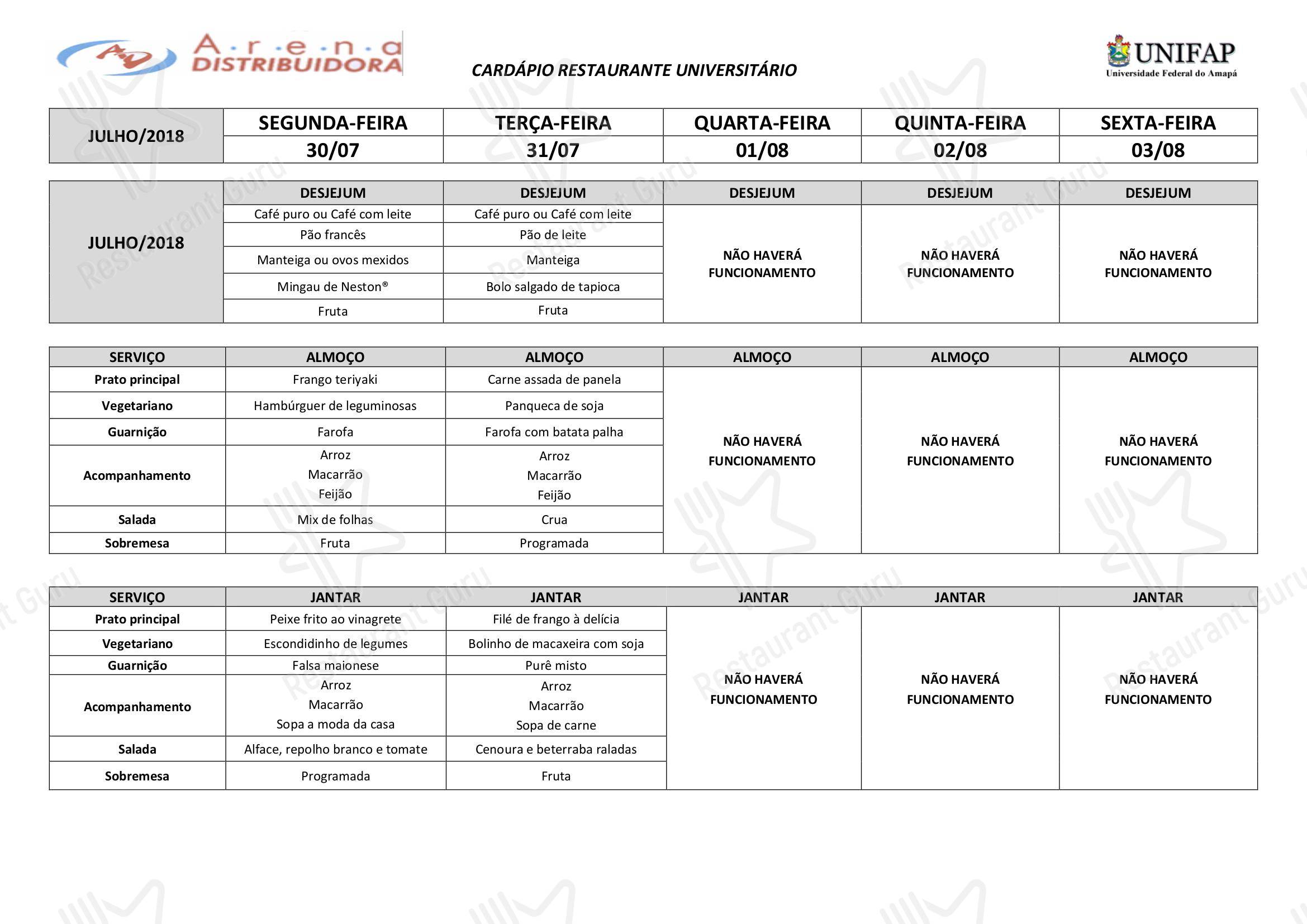 Restaurante Universitário - UNIFAP em Macapá - Menu ristorante