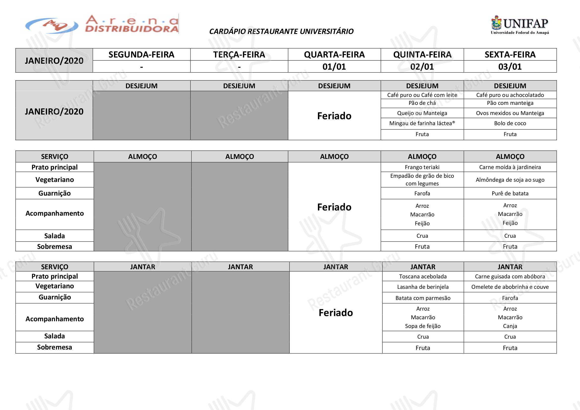 Carte et menu para Restaurante Universitário - UNIFAP restaurante