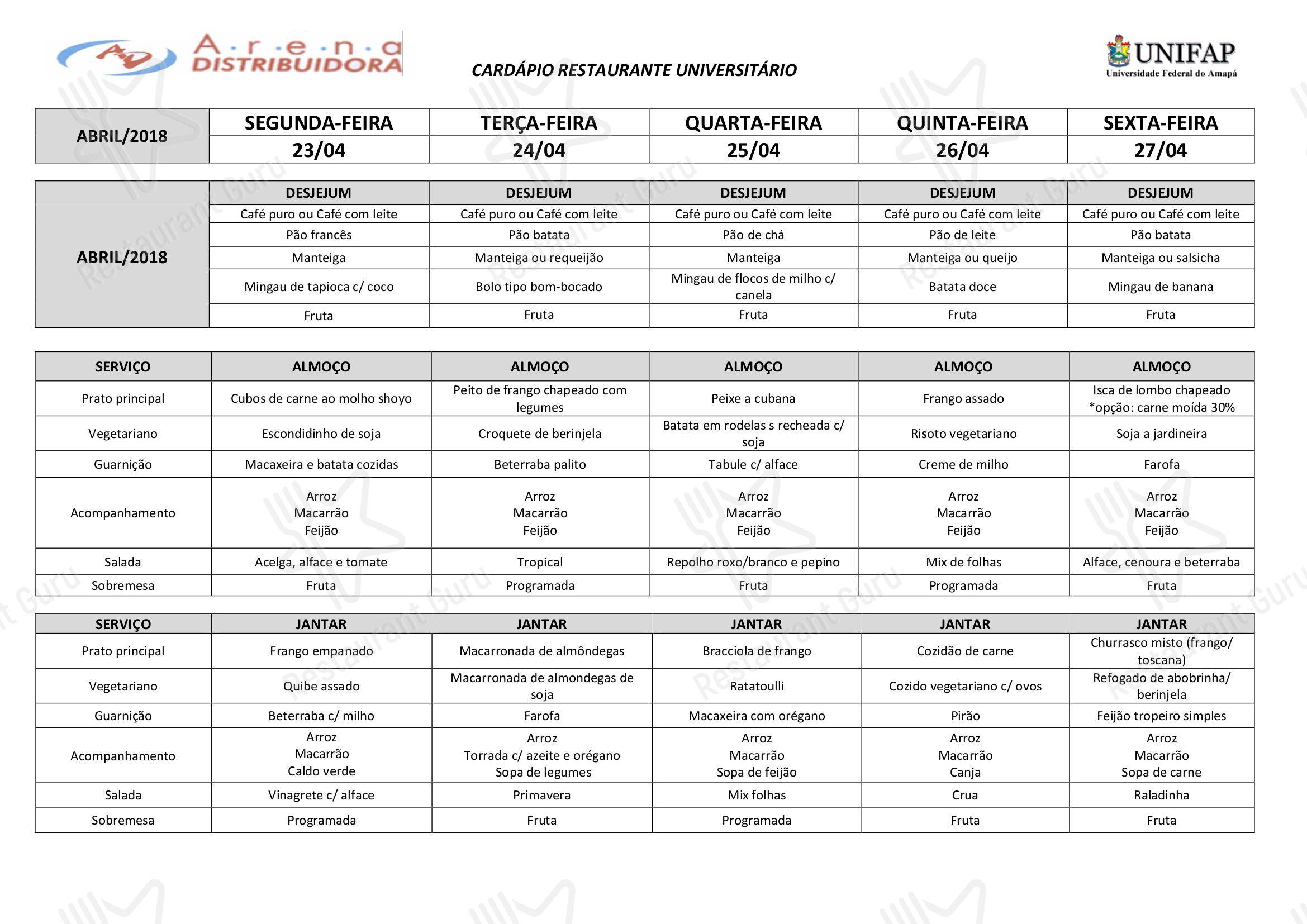Restaurante Universitário - UNIFAP - Menus carte