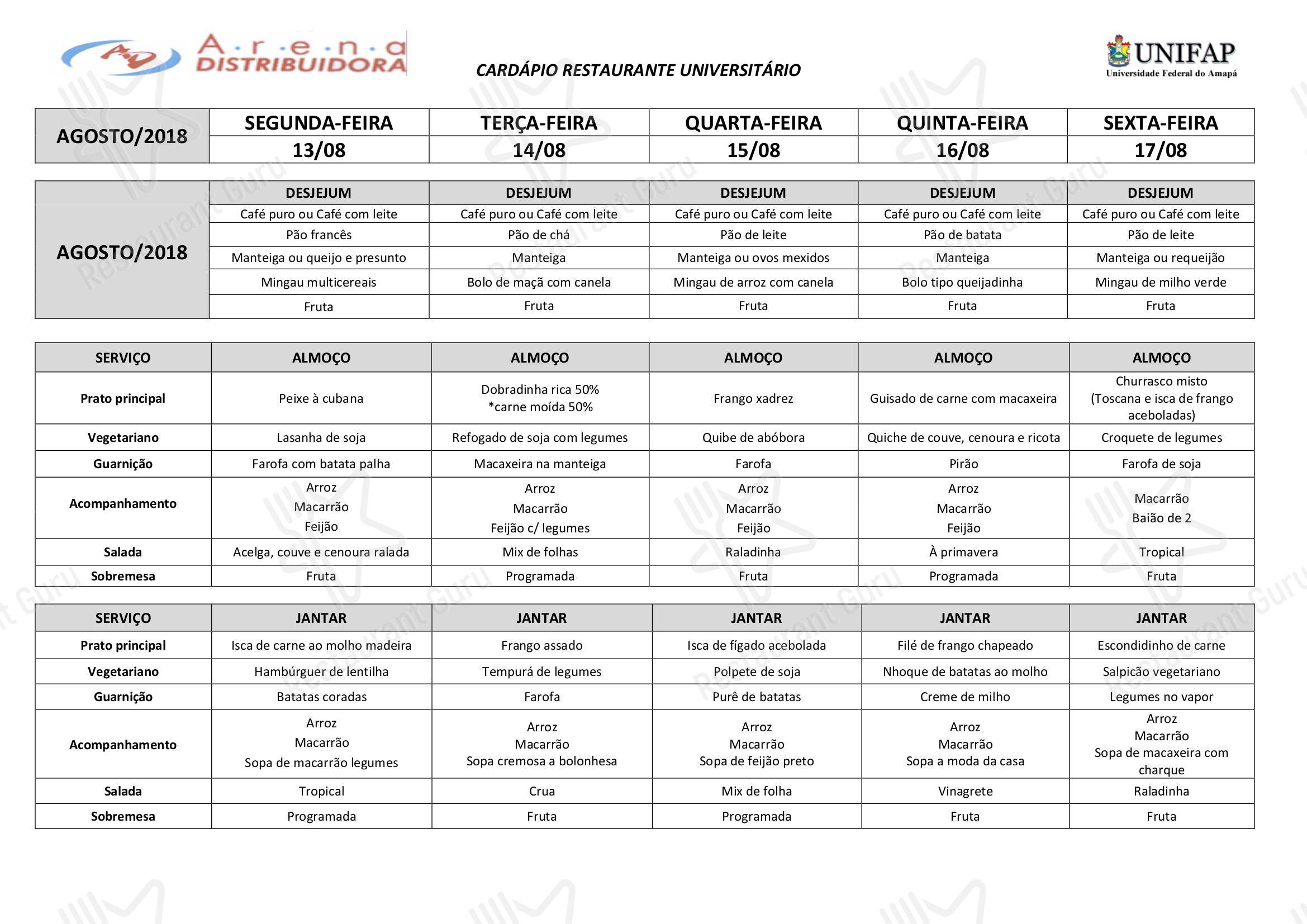 Speisekarte à la carte para Restaurante Universitário - UNIFAP restaurante