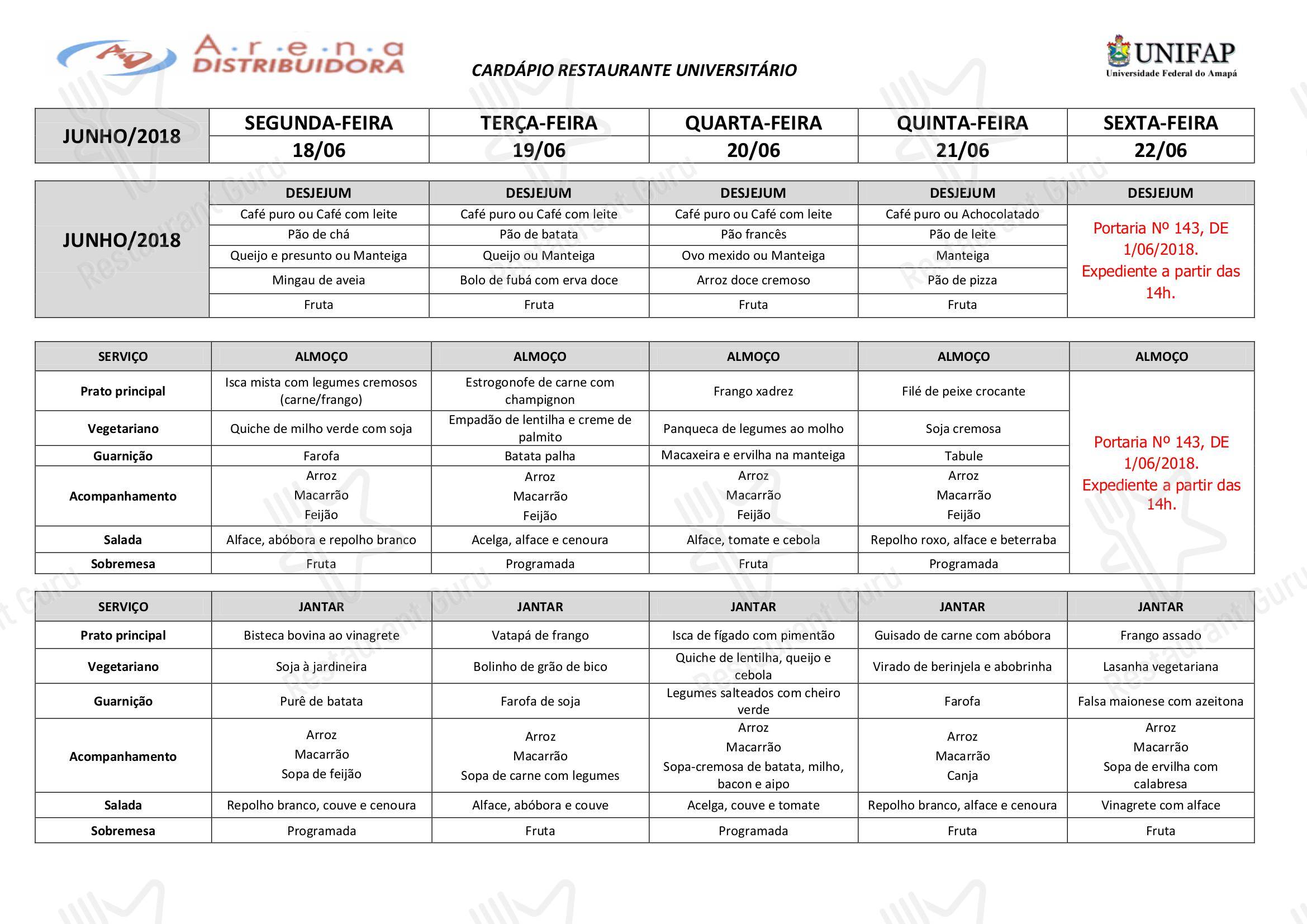 Day Dining Menu para Restaurante Universitário - UNIFAP restaurante