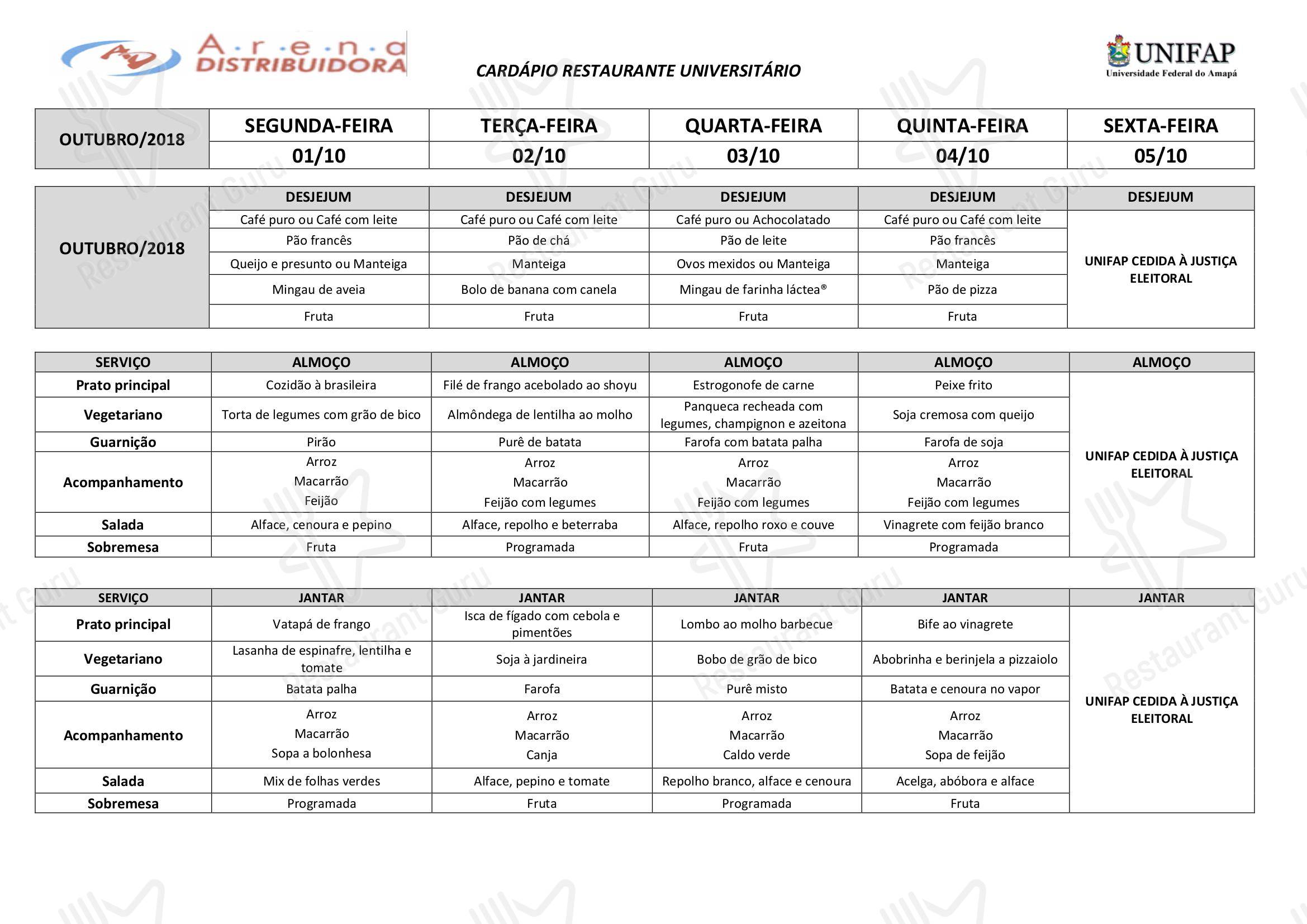Restaurante Universitário - UNIFAP em Macapá - Course Menu
