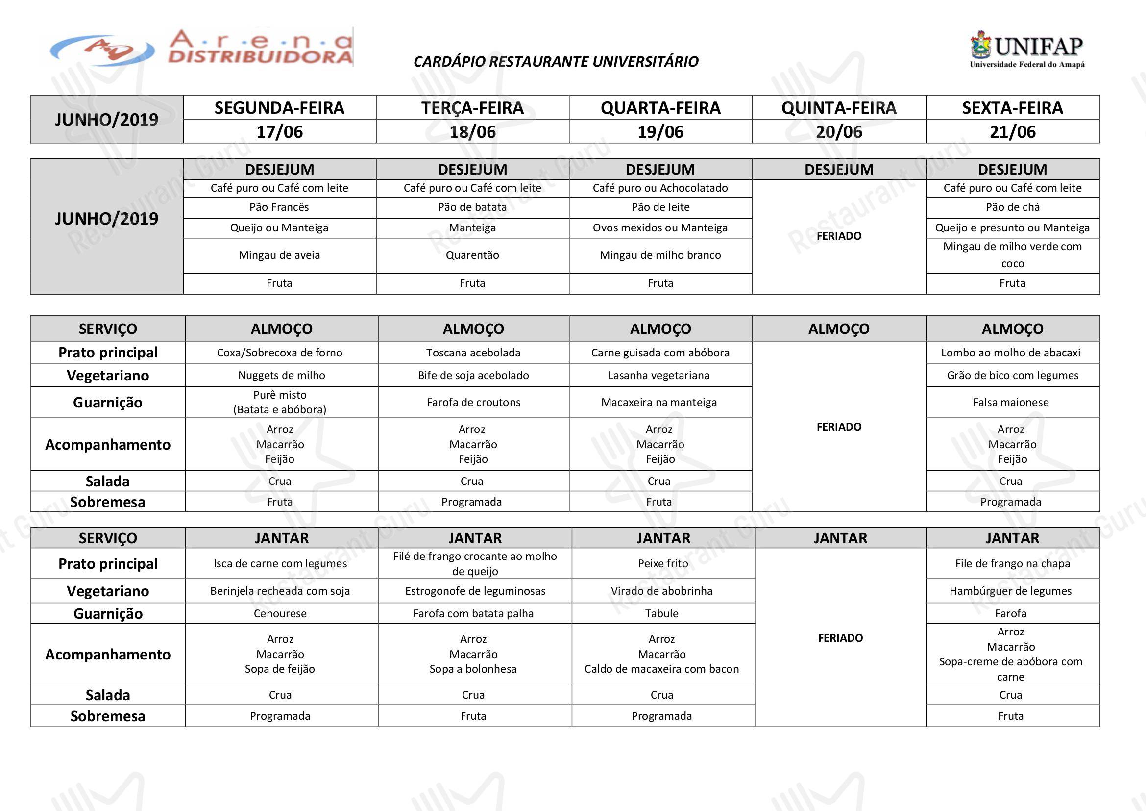 Business lunch menu para Restaurante Universitário - UNIFAP restaurante