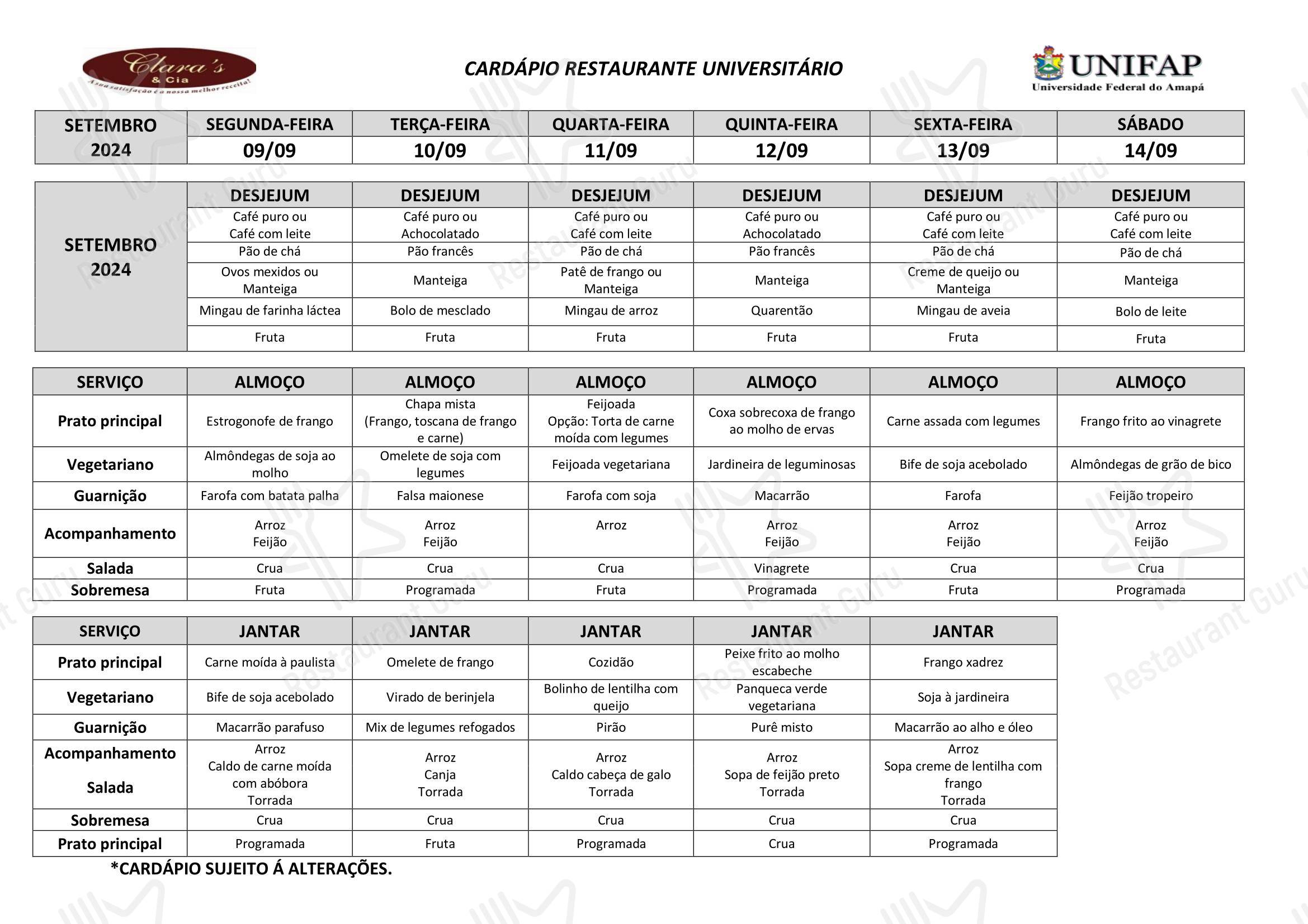 Restaurante Universitário - UNIFAP - Bar Grill Menu