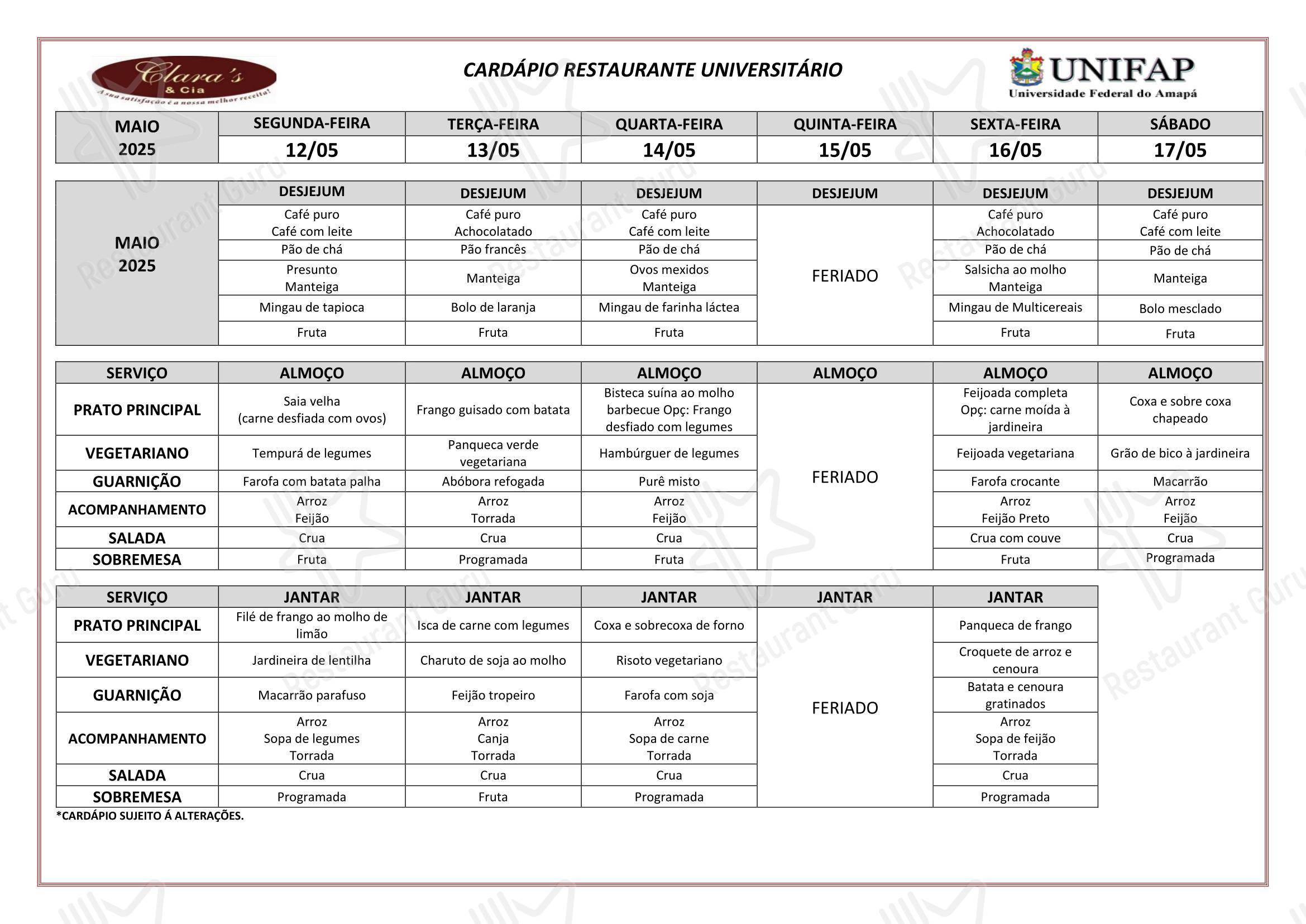 菜单 para Restaurante Universitário - UNIFAP em Macapá