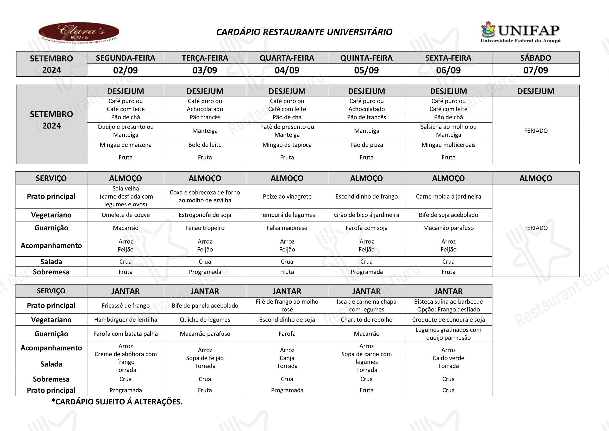 Menu pizzeria para Restaurante Universitário - UNIFAP restaurante