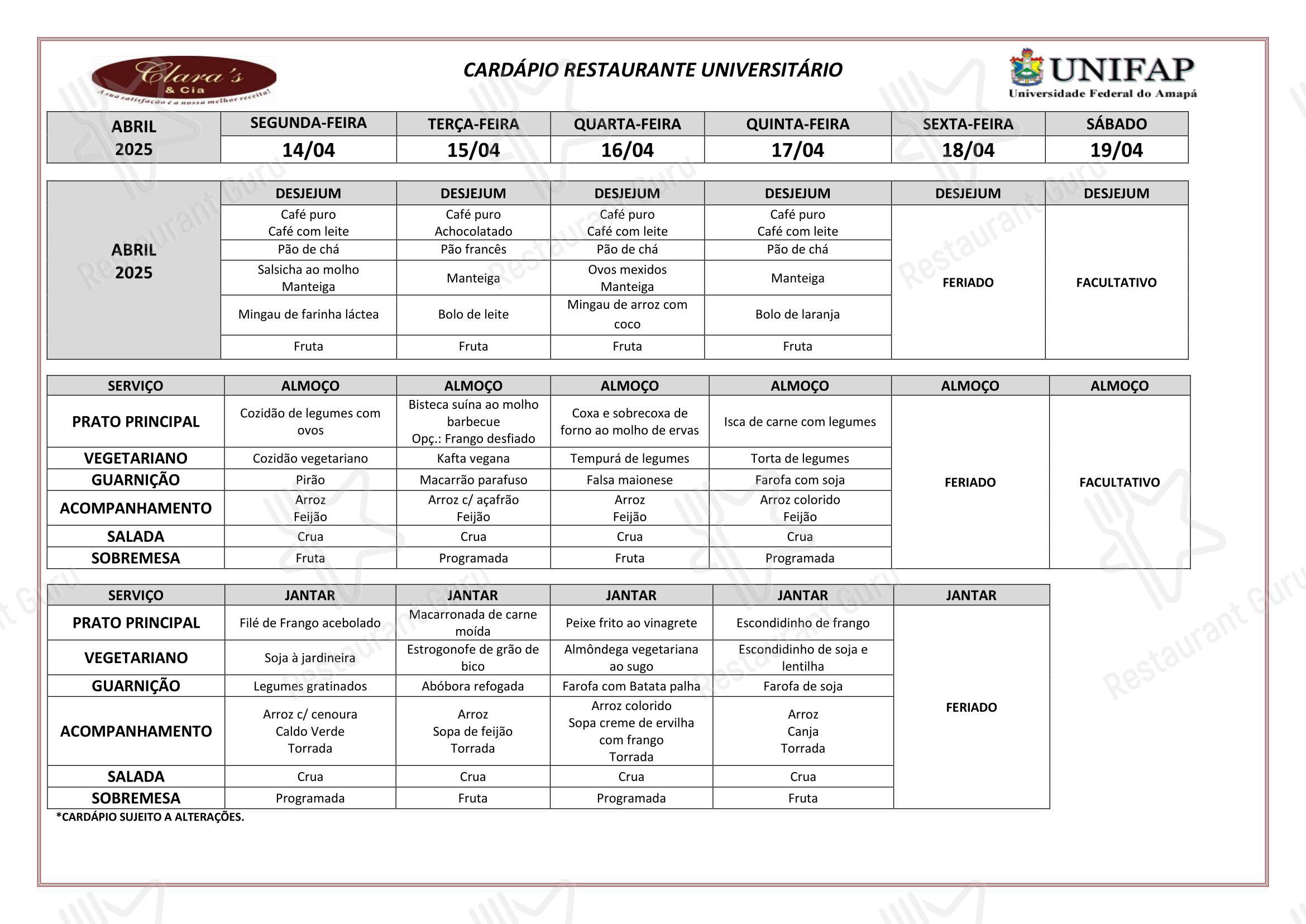 Ночное меню para Restaurante Universitário - UNIFAP restaurante