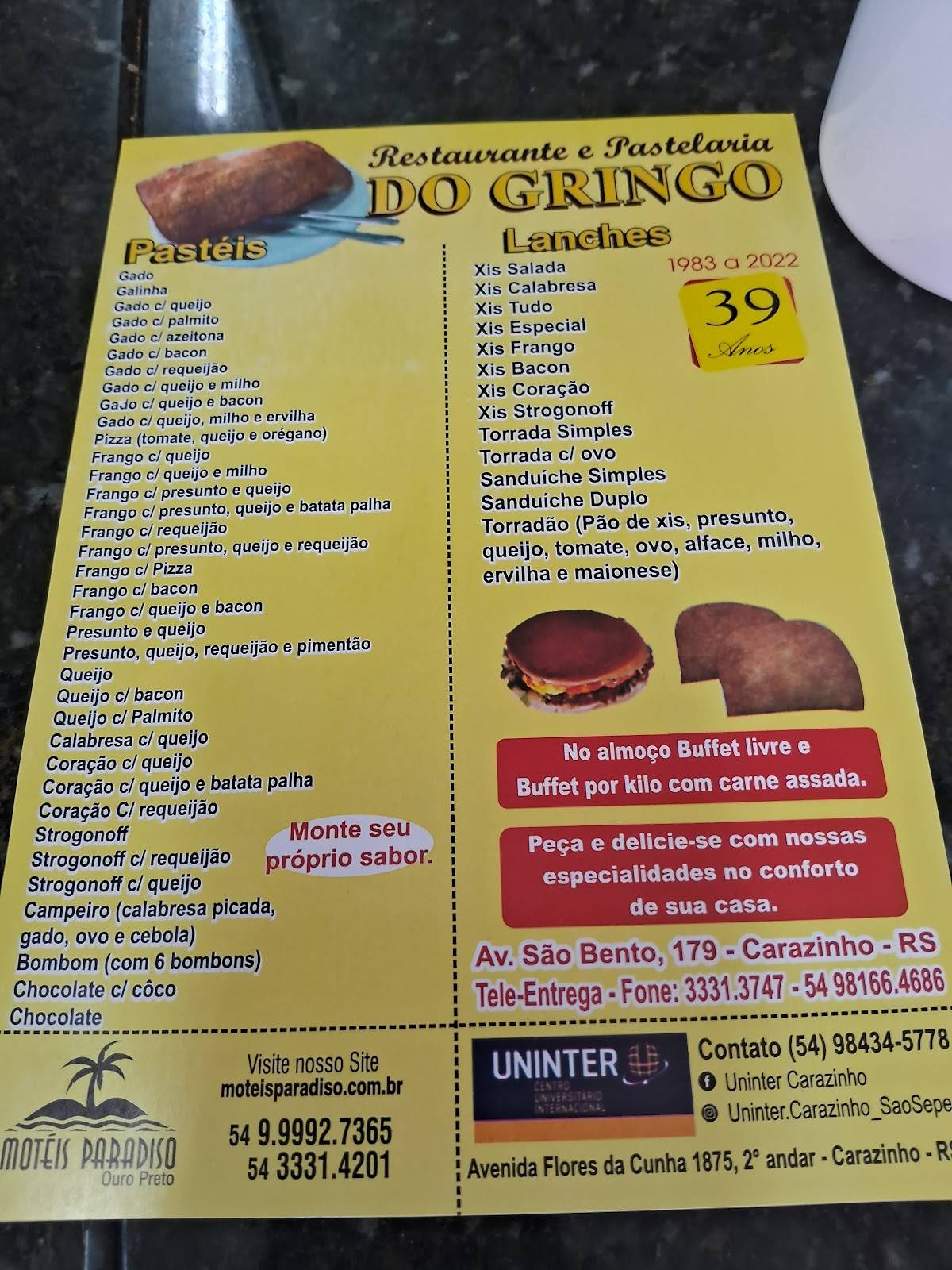 Restaurante do Gringo cardápio