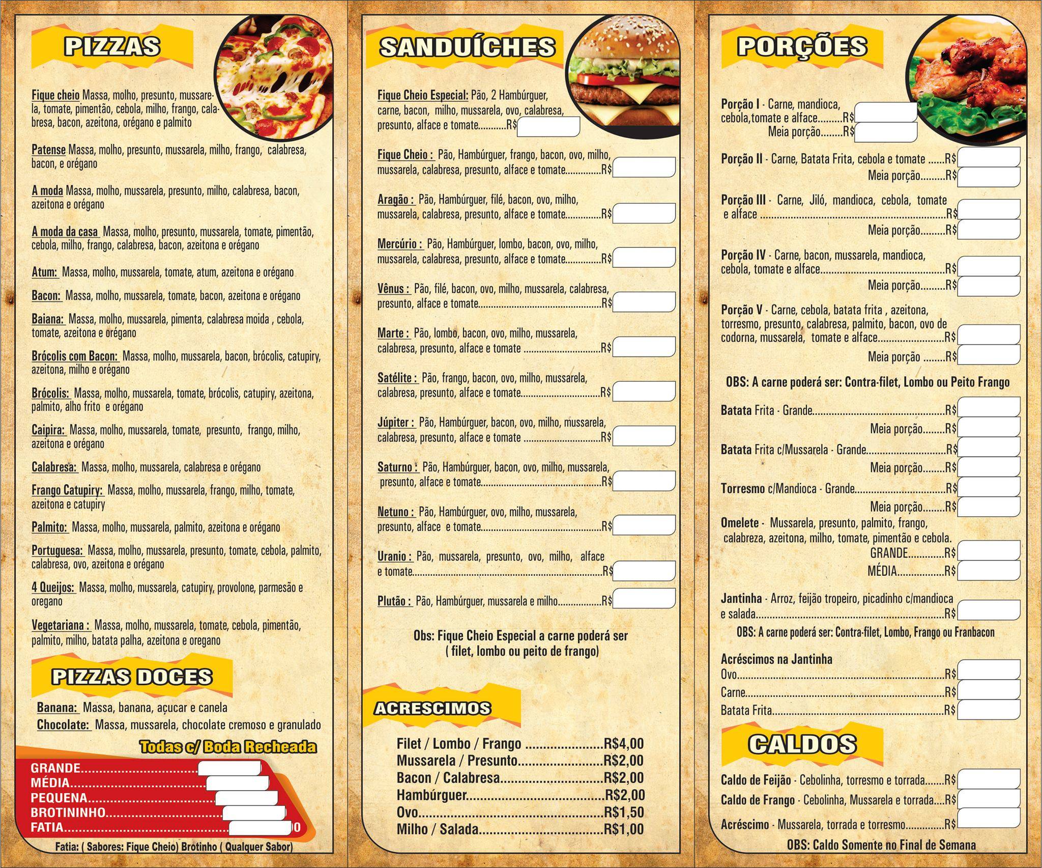Restaurante e Pizzaria Fique Cheio cardápio