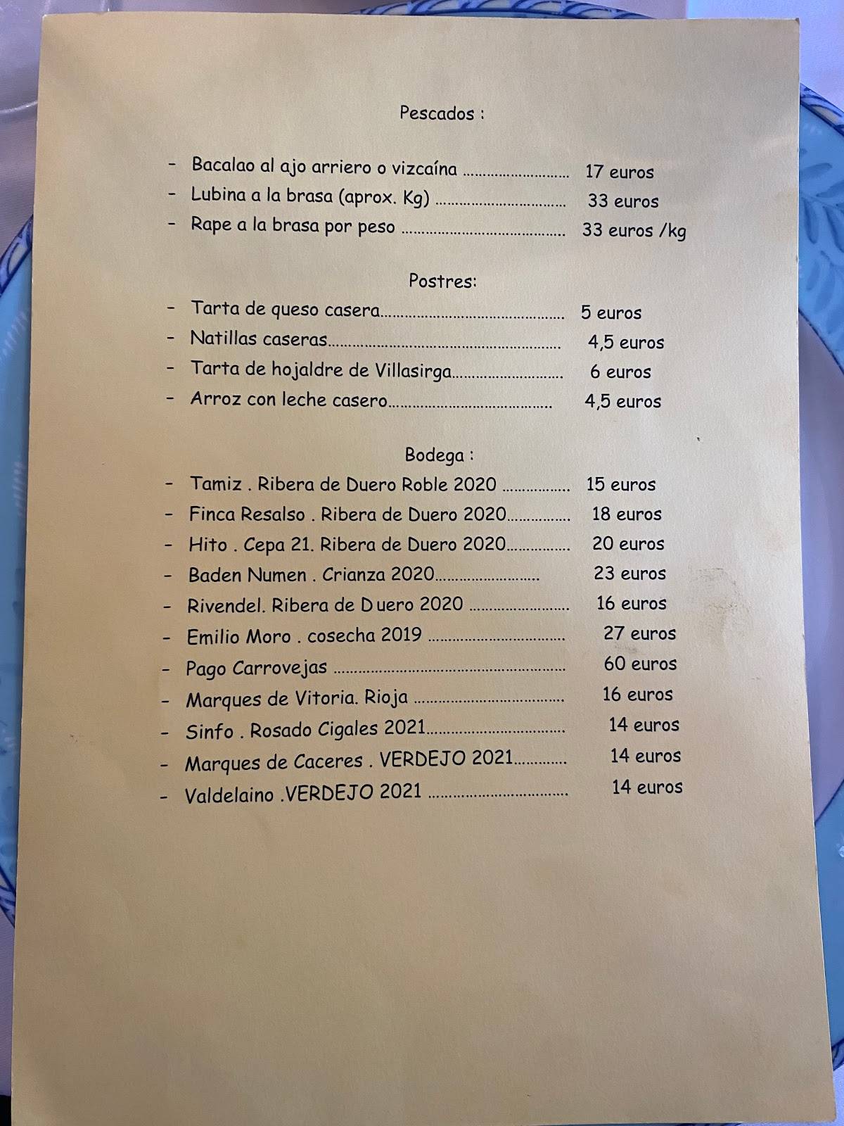 Carta de Restaurante la Casa de Piedra Monzón de Campos Carretera