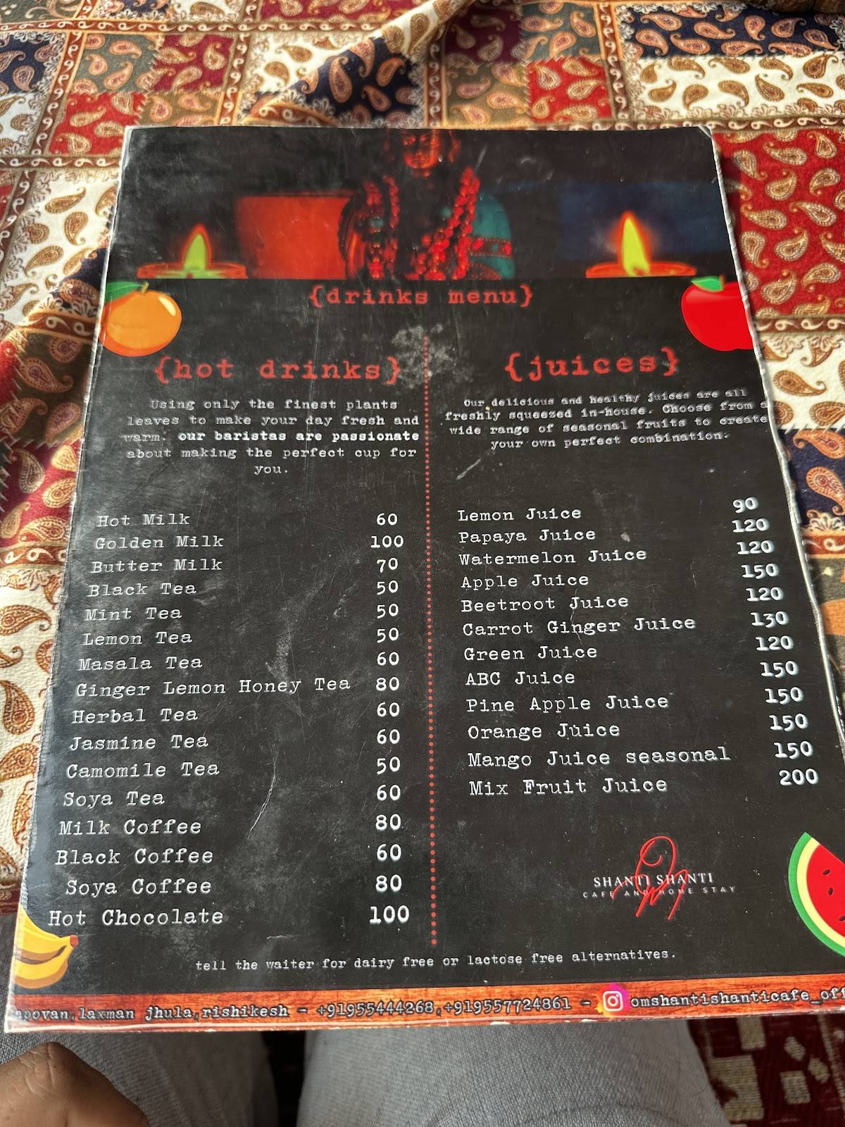 Om Shanti Shanti Cafe menu