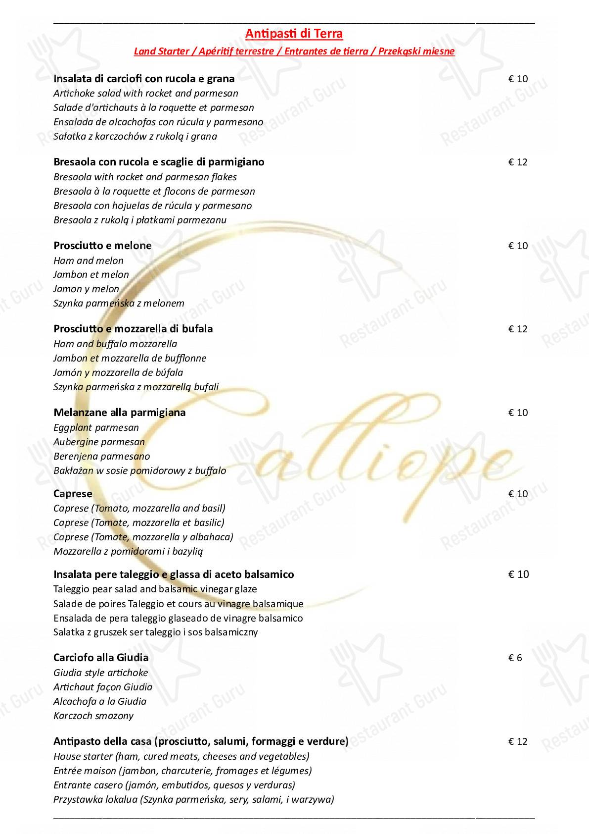 Menu di Ristorante Calliope - pasti e bevande