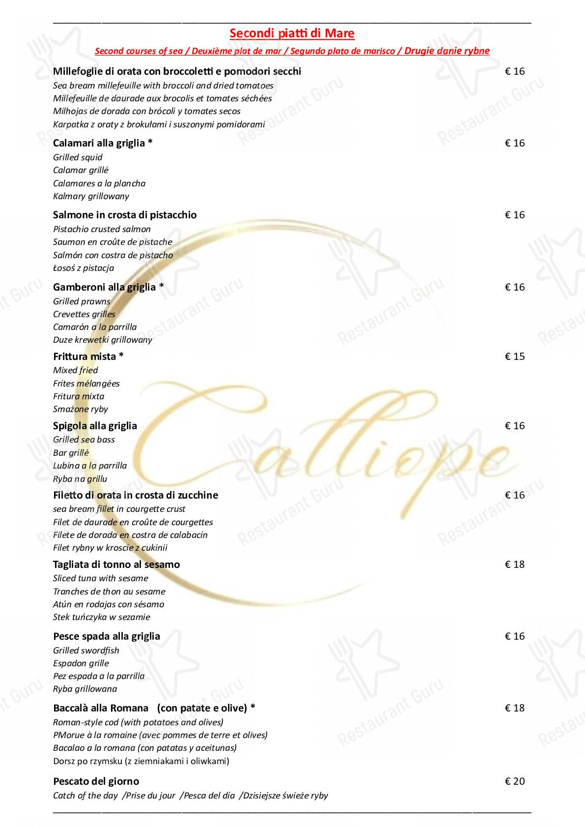 Menu di Ristorante Calliope - piatti e bevande