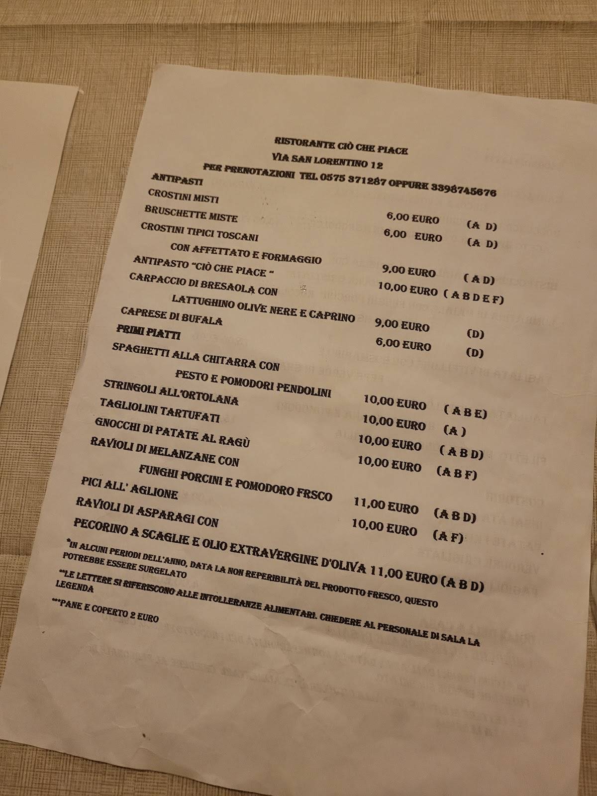 Menu di Ristorante Ciò che Piace AREZZO 