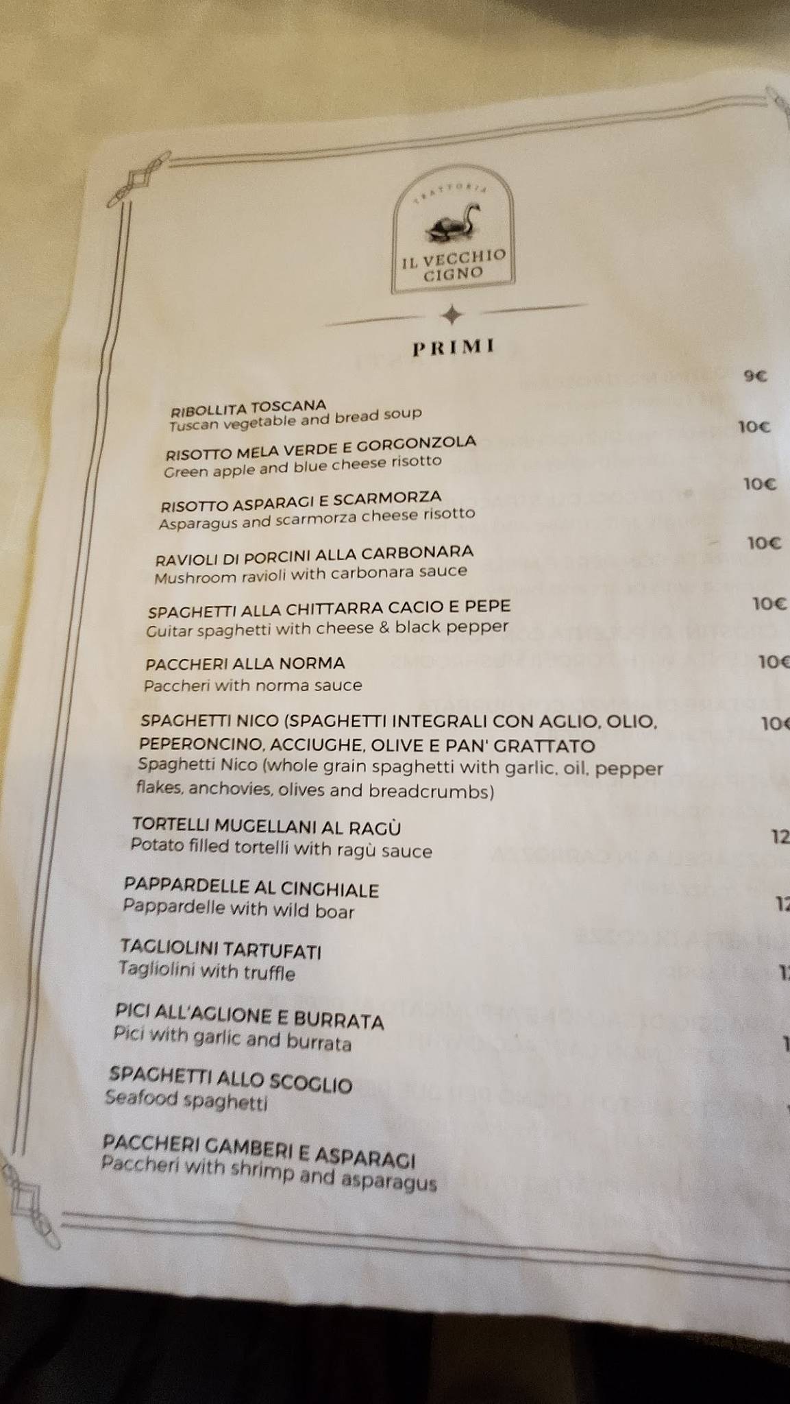 Menu di Ristorante Il vecchio cigno 