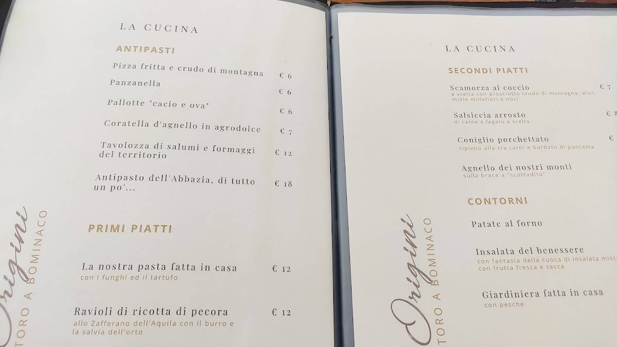 Menu Da Ristorante Bar Caffetteria Le Origini Bominaco