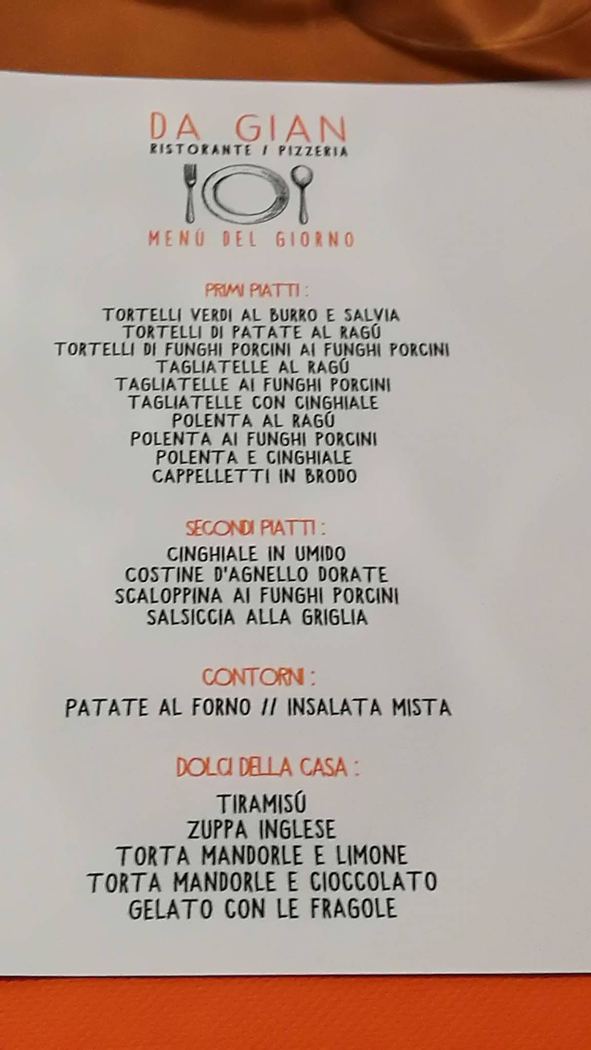 Menu di Ristorante Pizzeria Bar "Da Gian" 
