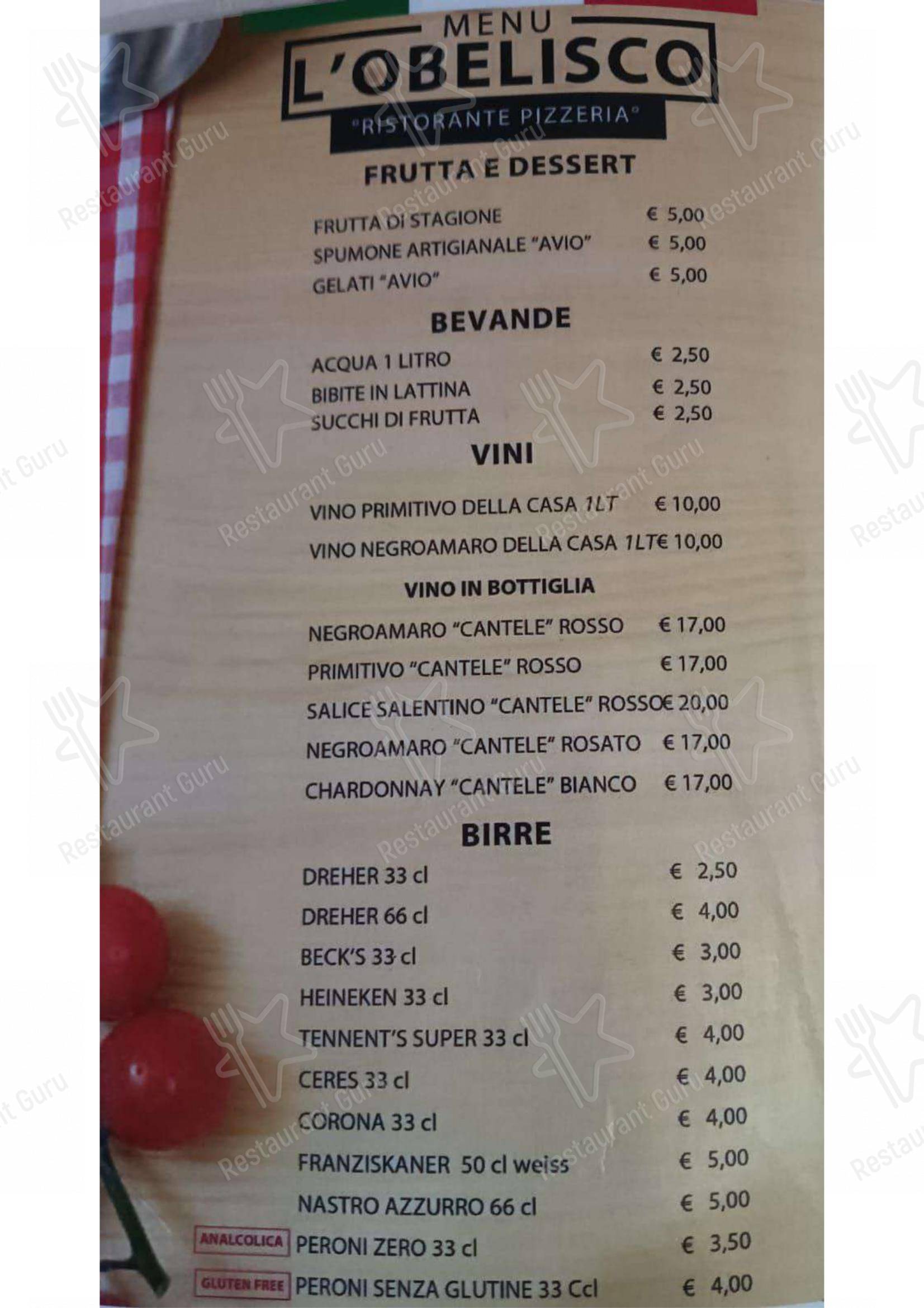 Menu per Ristorante Pizzeria Braceria L'Obelisco ristorante