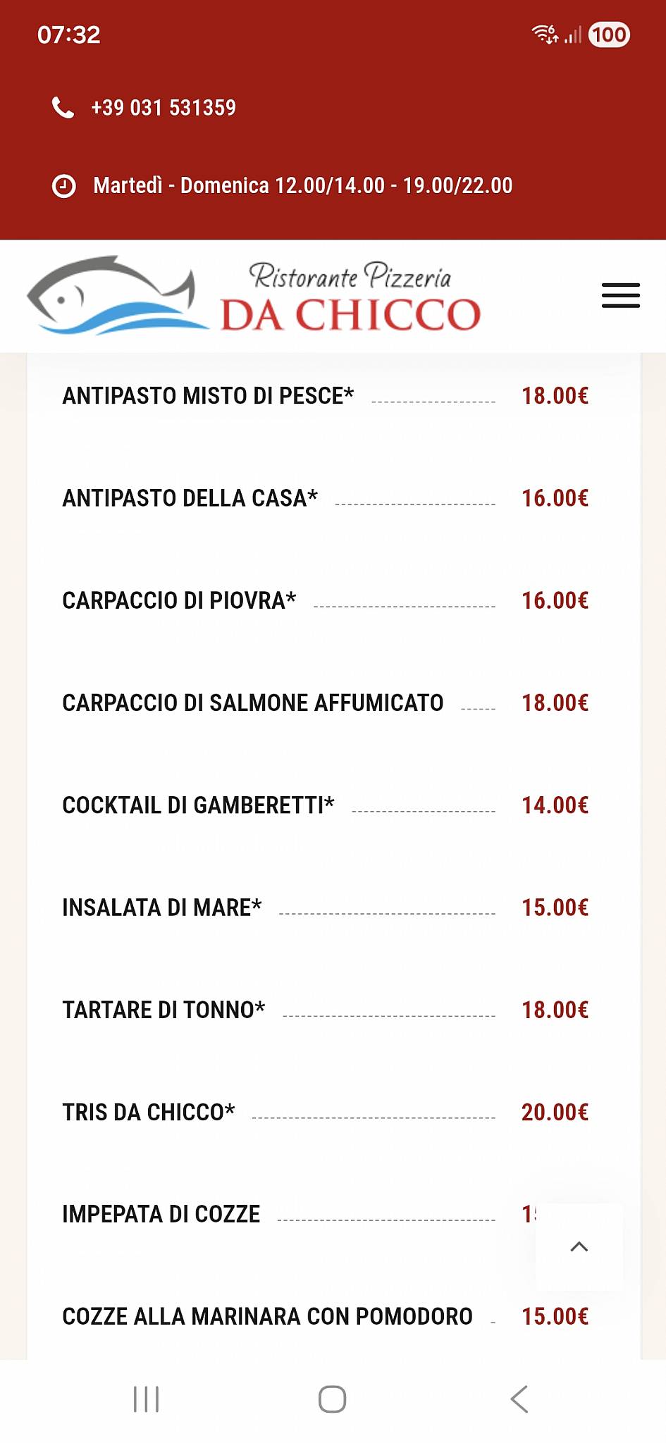 Menu di Ristorante Pizzeria Da Chicco 