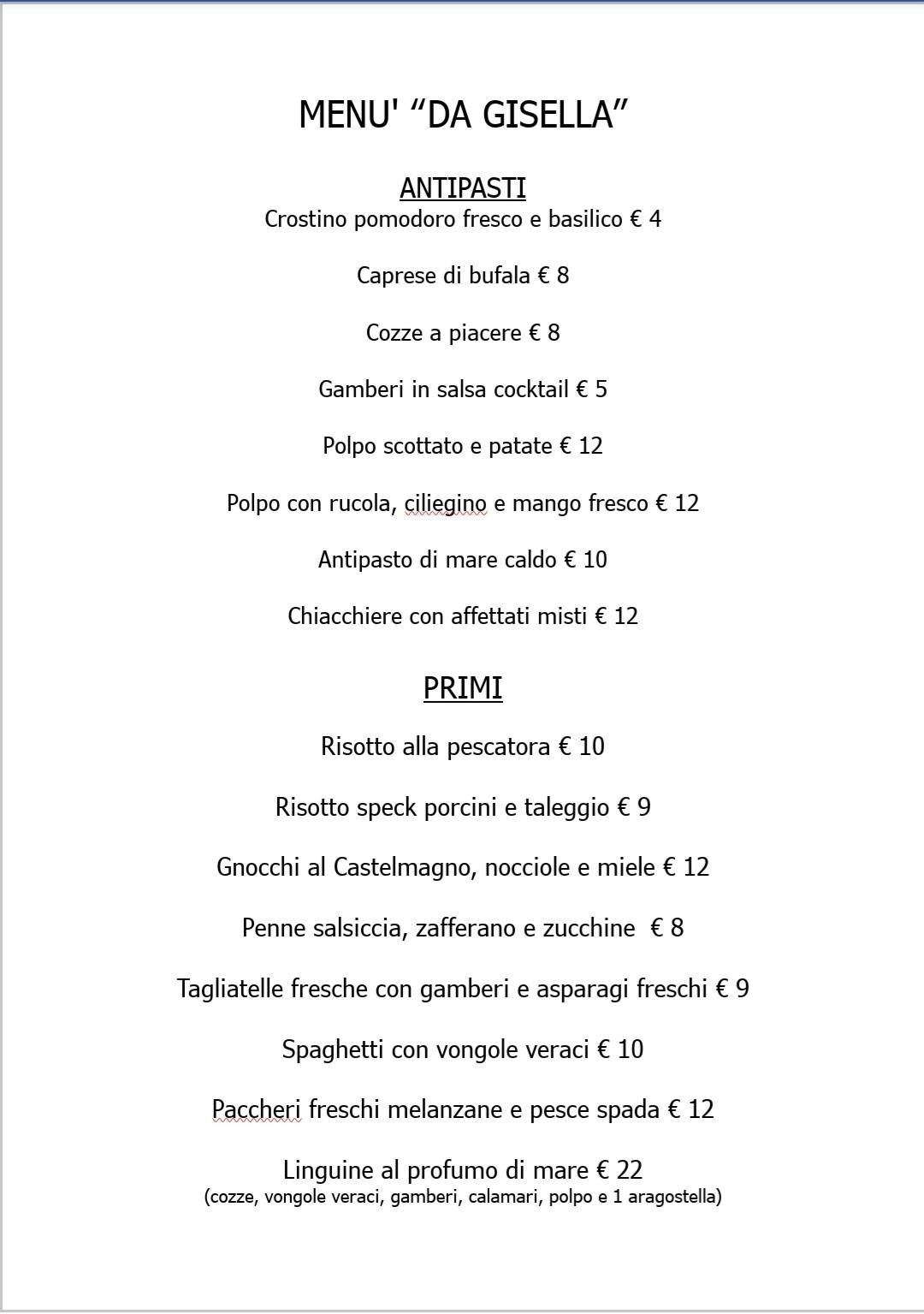 Menu di Ristorante Pizzeria "Da Gisella" 
