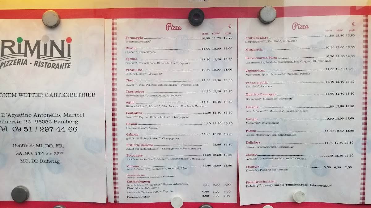 Menu de Ristorante Pizzeria Rimini