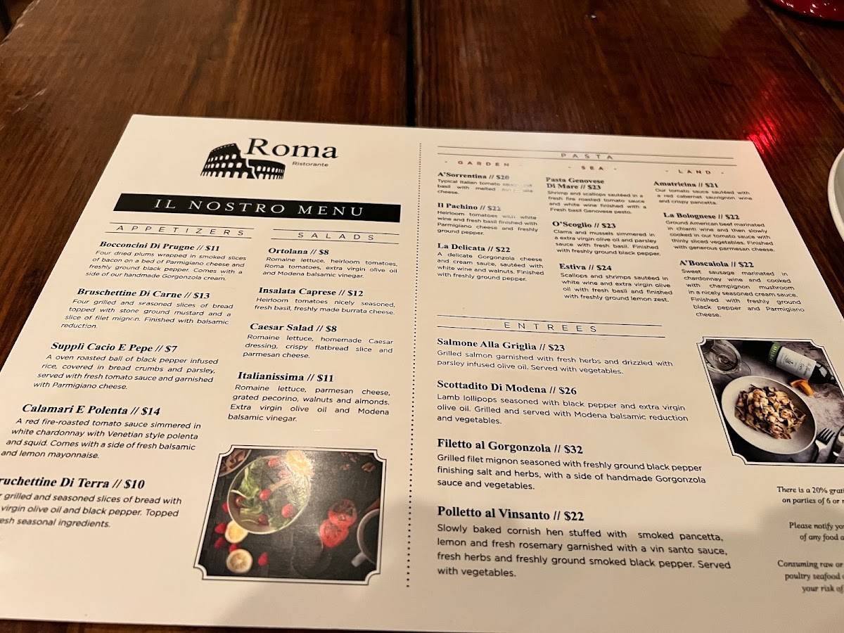 Menu at Ristorante Roma restaurant, Carmel