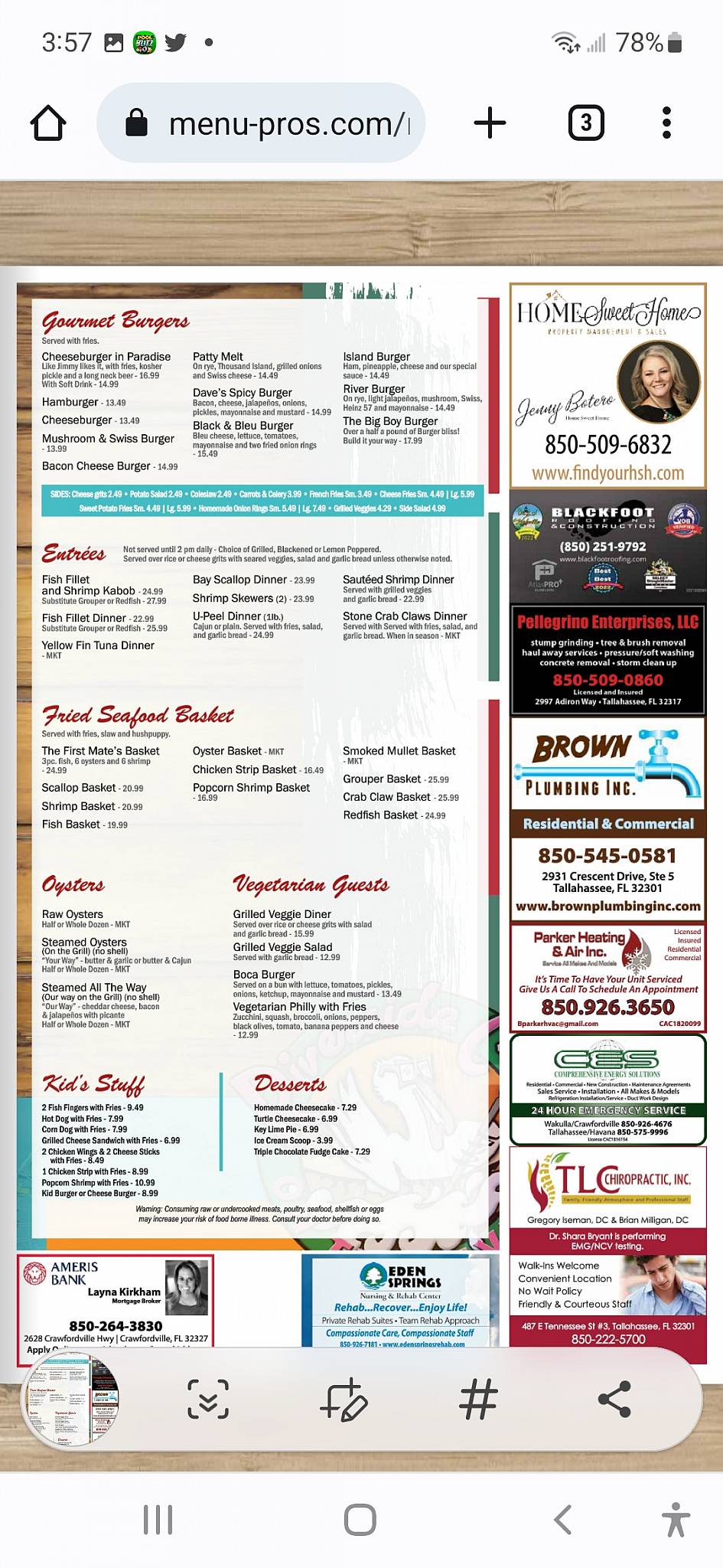 Menu at Riverside Cafe, Saint Marks, 69 Riverside Dr