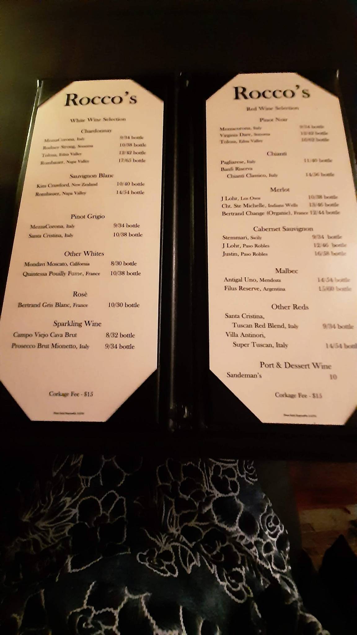 Menu at Rocco's Restaurant, San Clemente