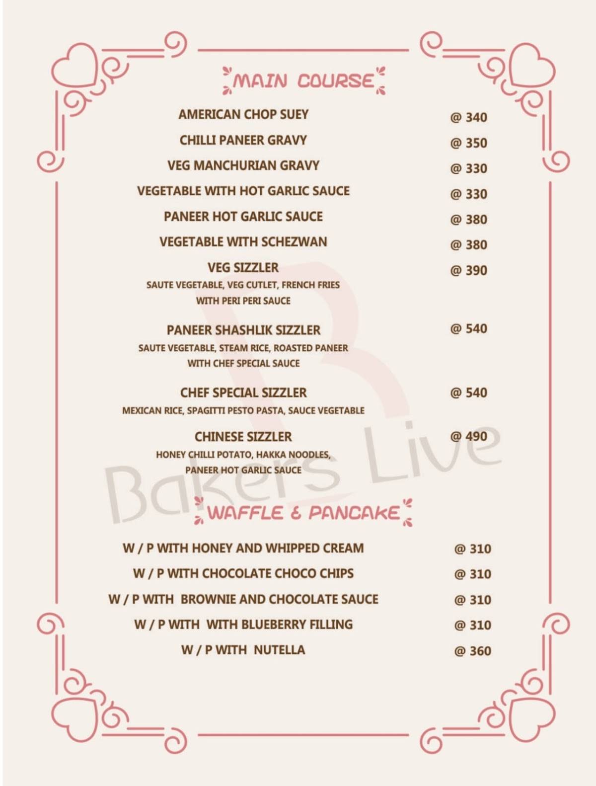 Bakers Live menu