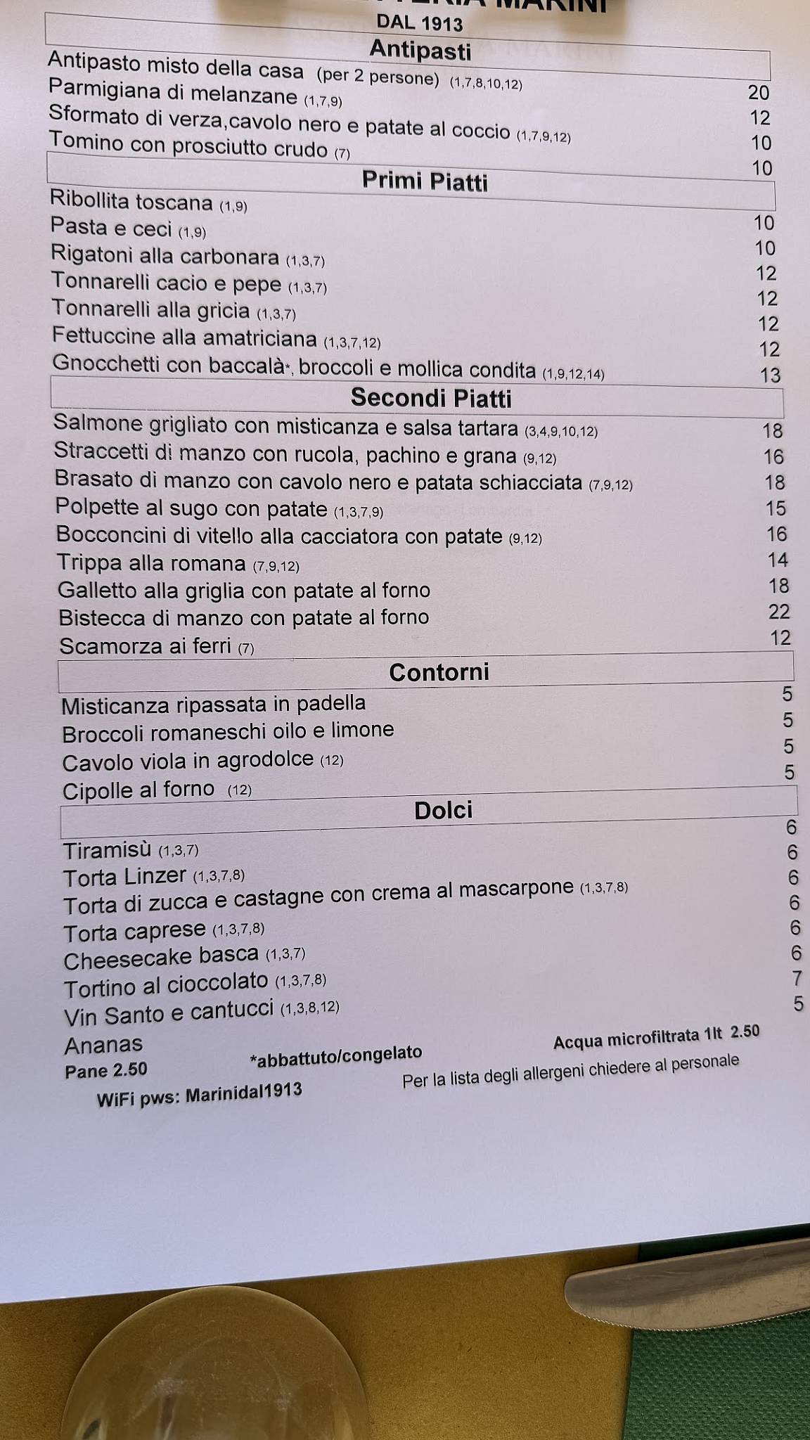 Menu di Fiaschetteria Marini 1913 
