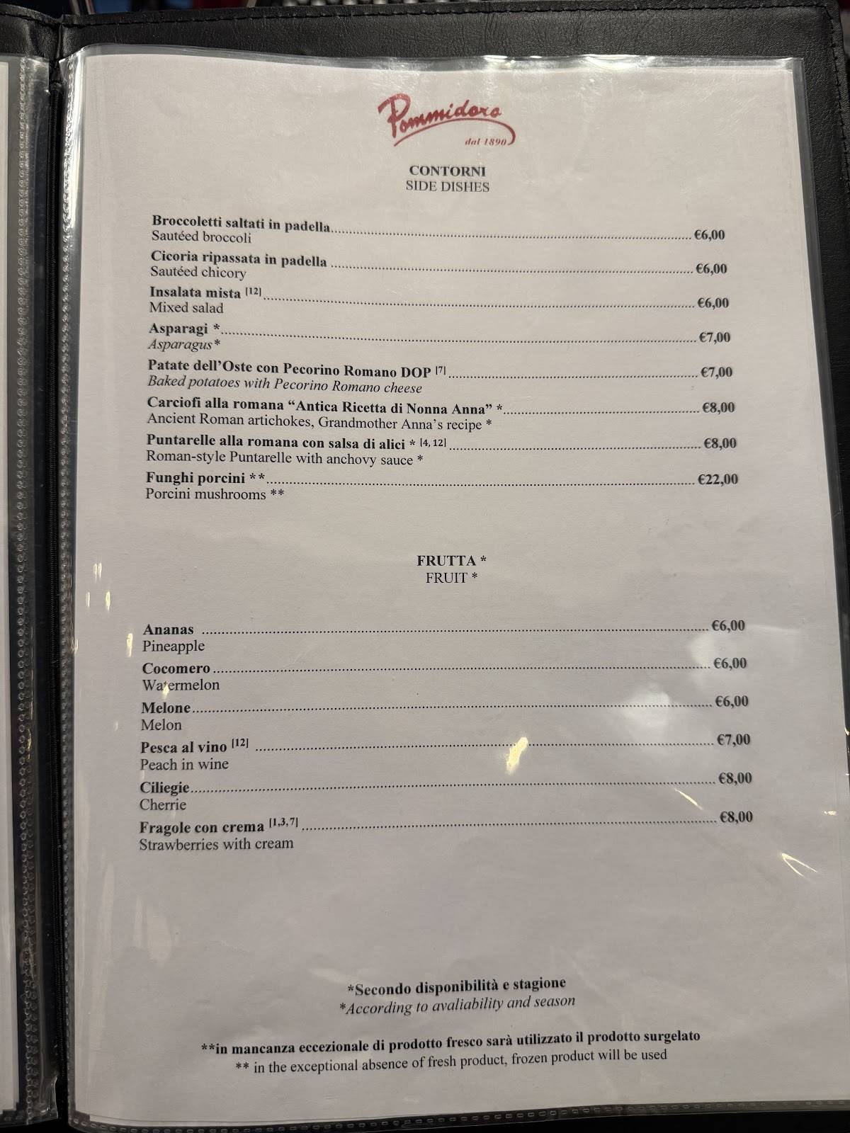 Menu di Pommidoro dal 1890 Ristorante 