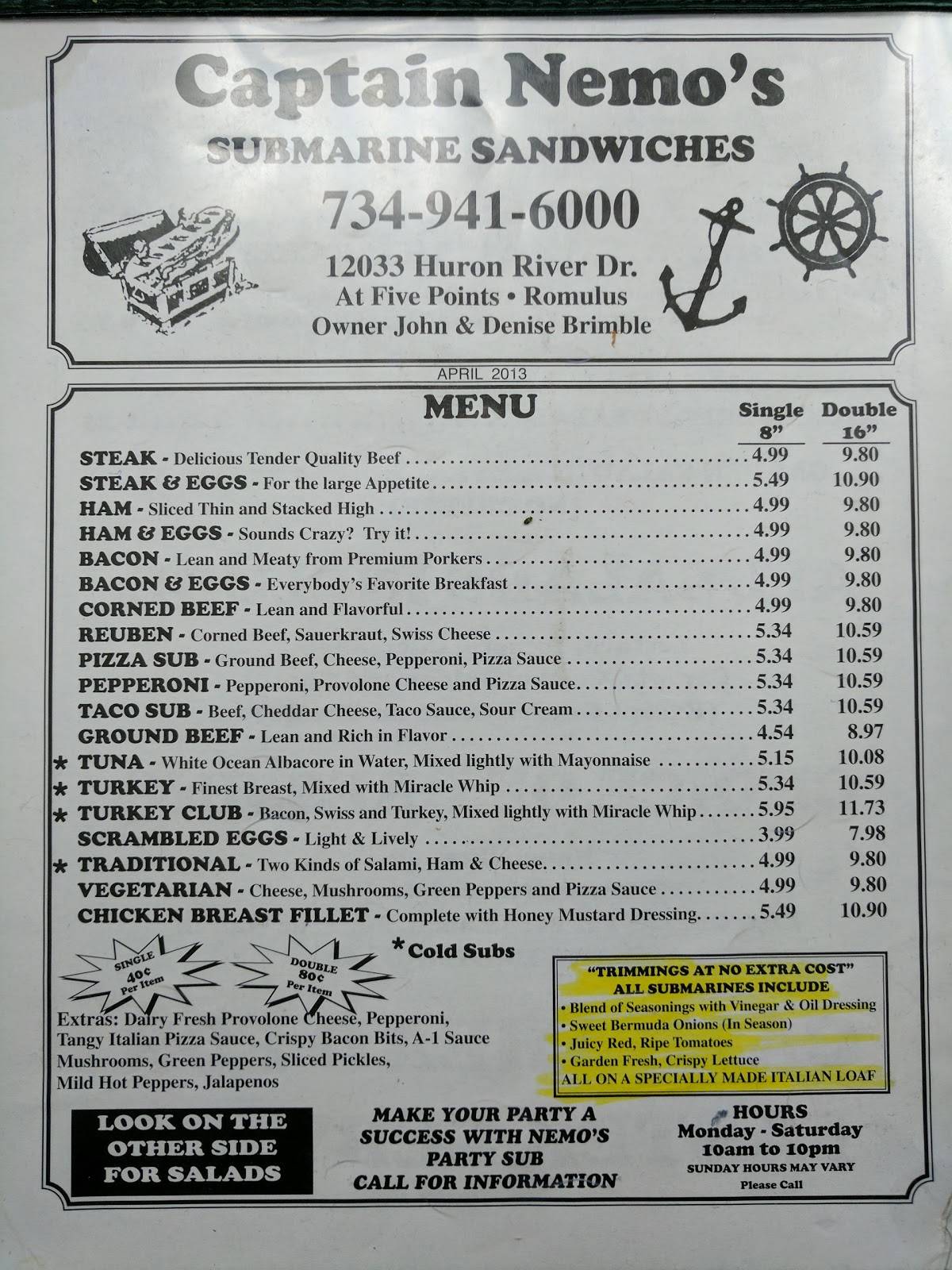 Menu at Captain Nemo's Sandwiches restaurant, Romulus