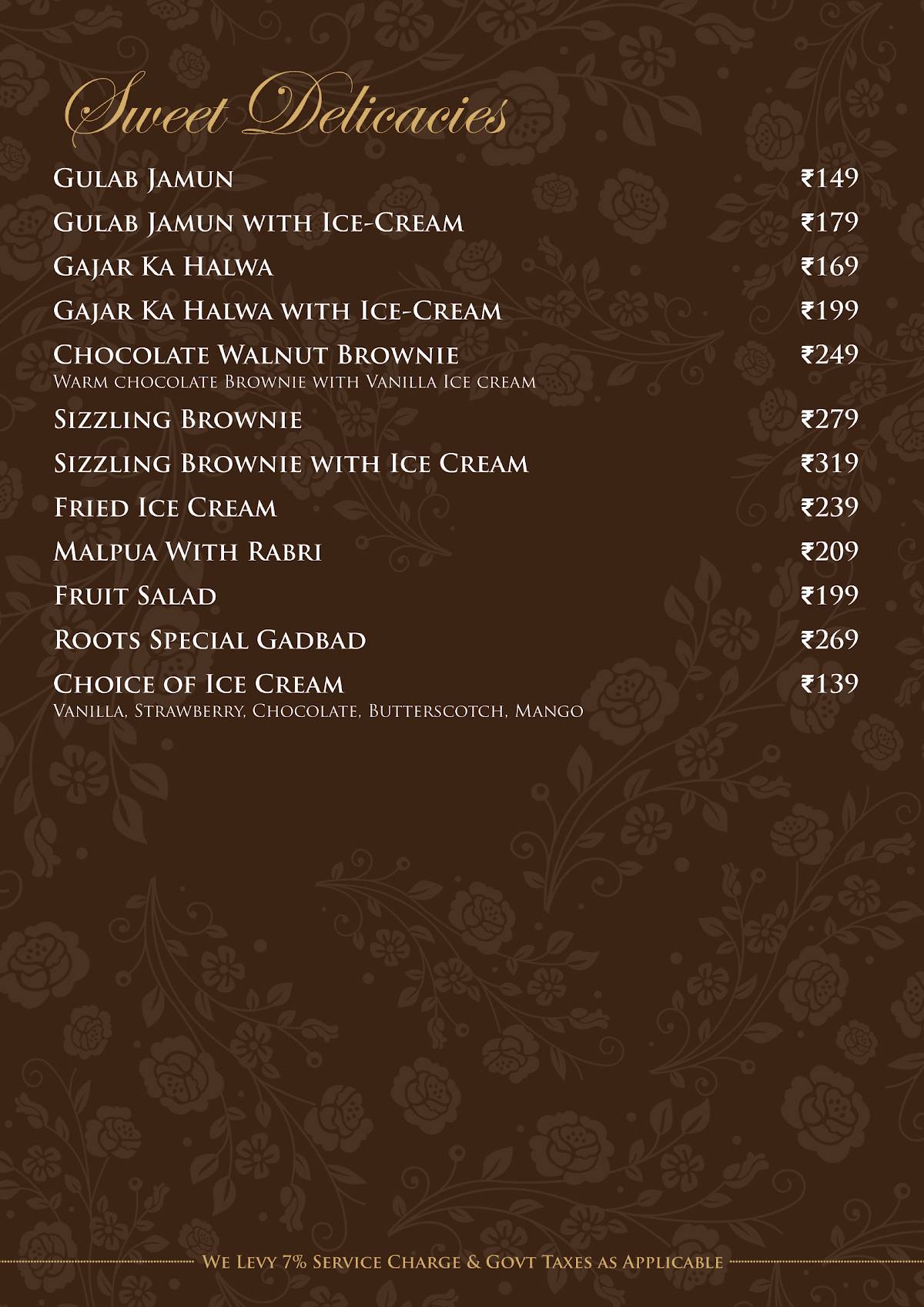 Roots Restaurant menu
