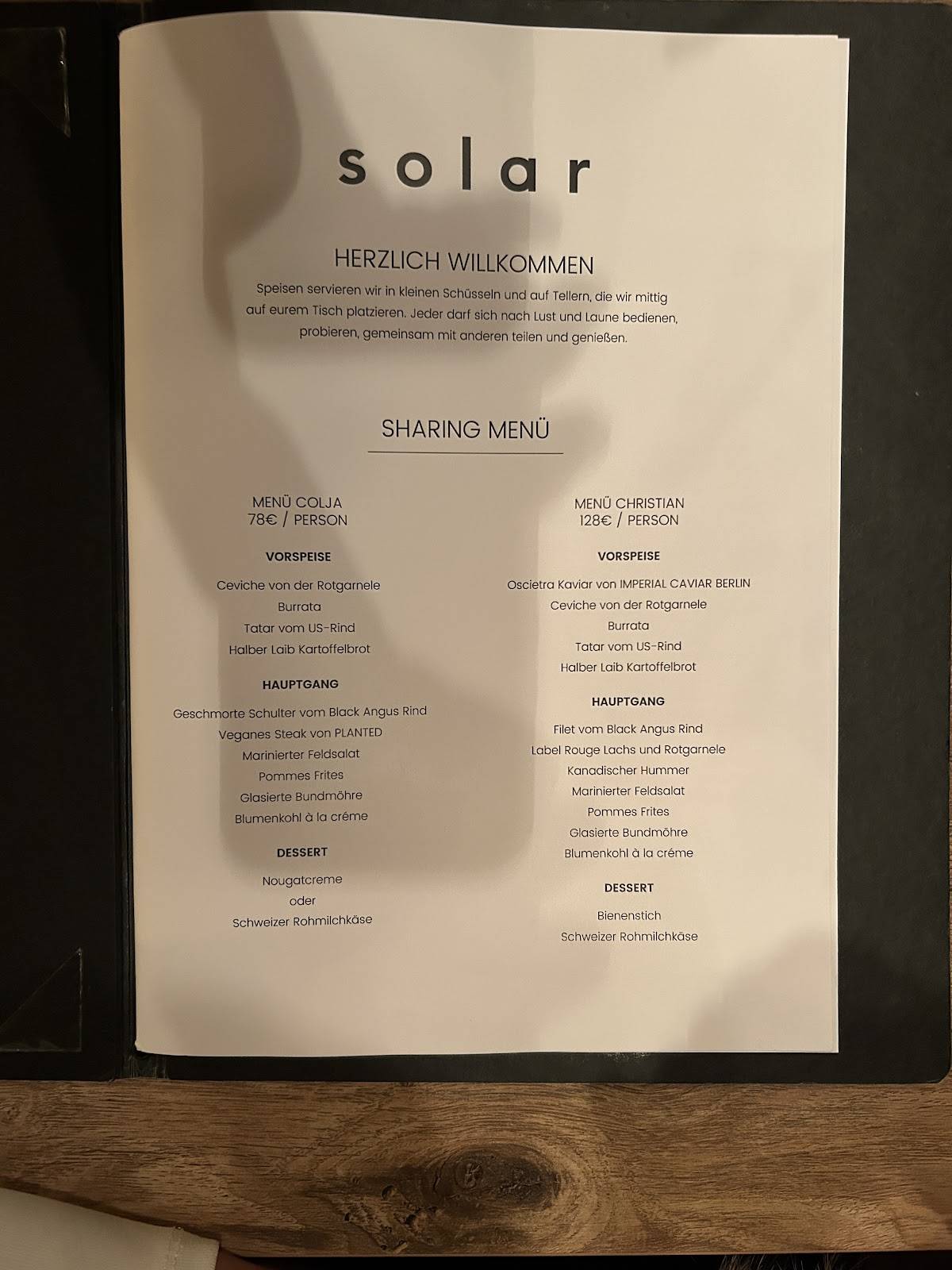 Menu de SOLAR Sky-Bar Restaurant Lounge