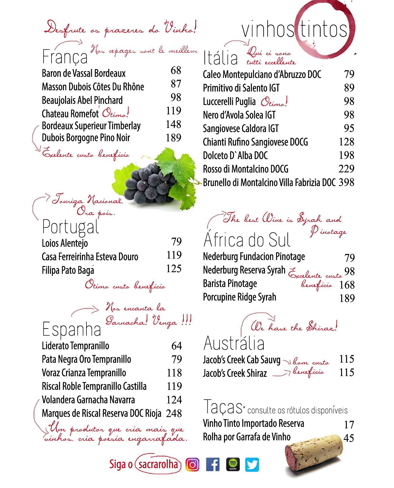 Sacra Rolha Wine Bar cardápio