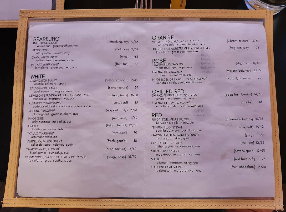 Menu at Sailing for Oranges pub & bar, Fremantle