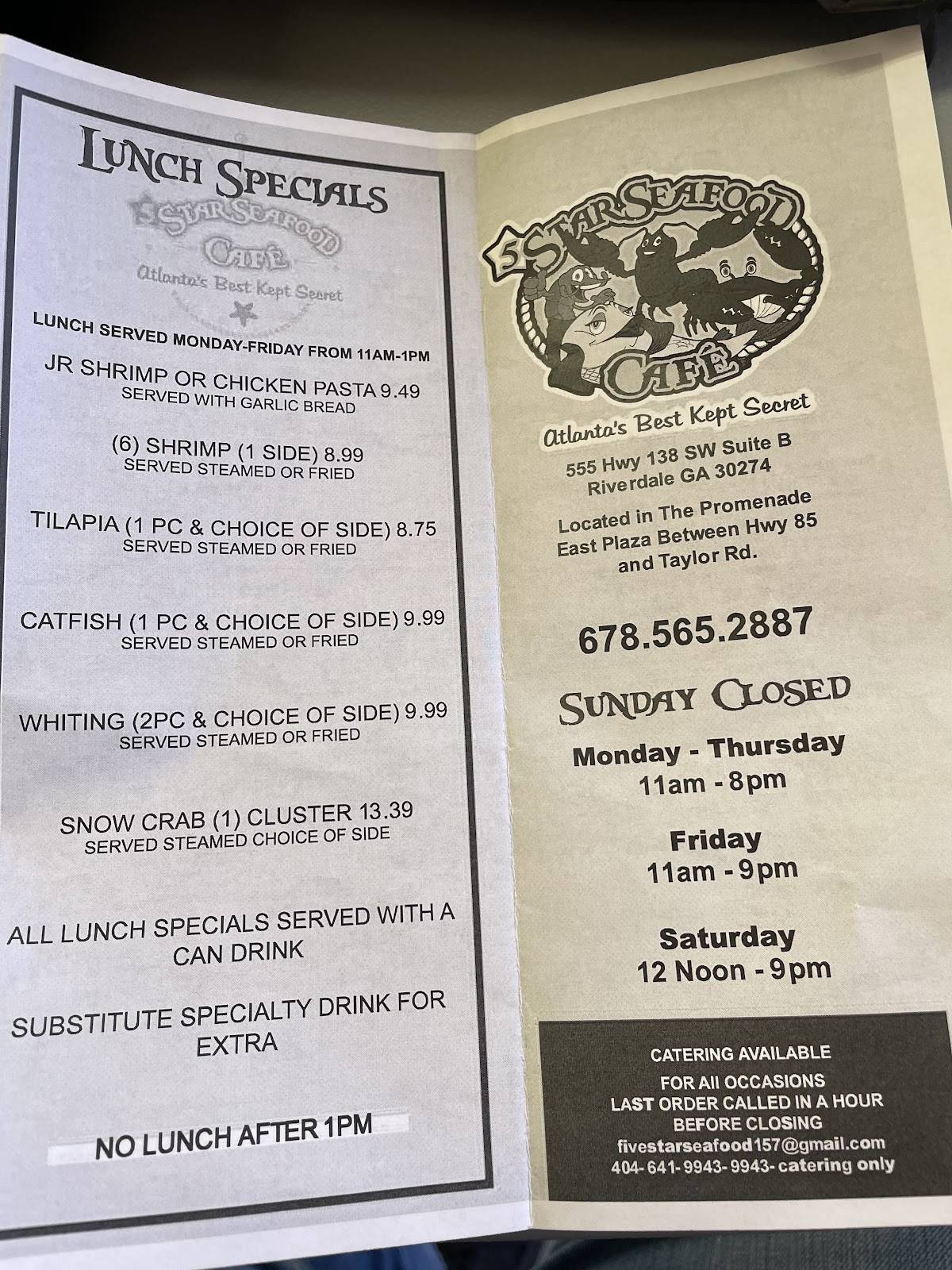 Menu at Seafood Cafe Riverdale, Riverdale, 555 GA-138 Suite B