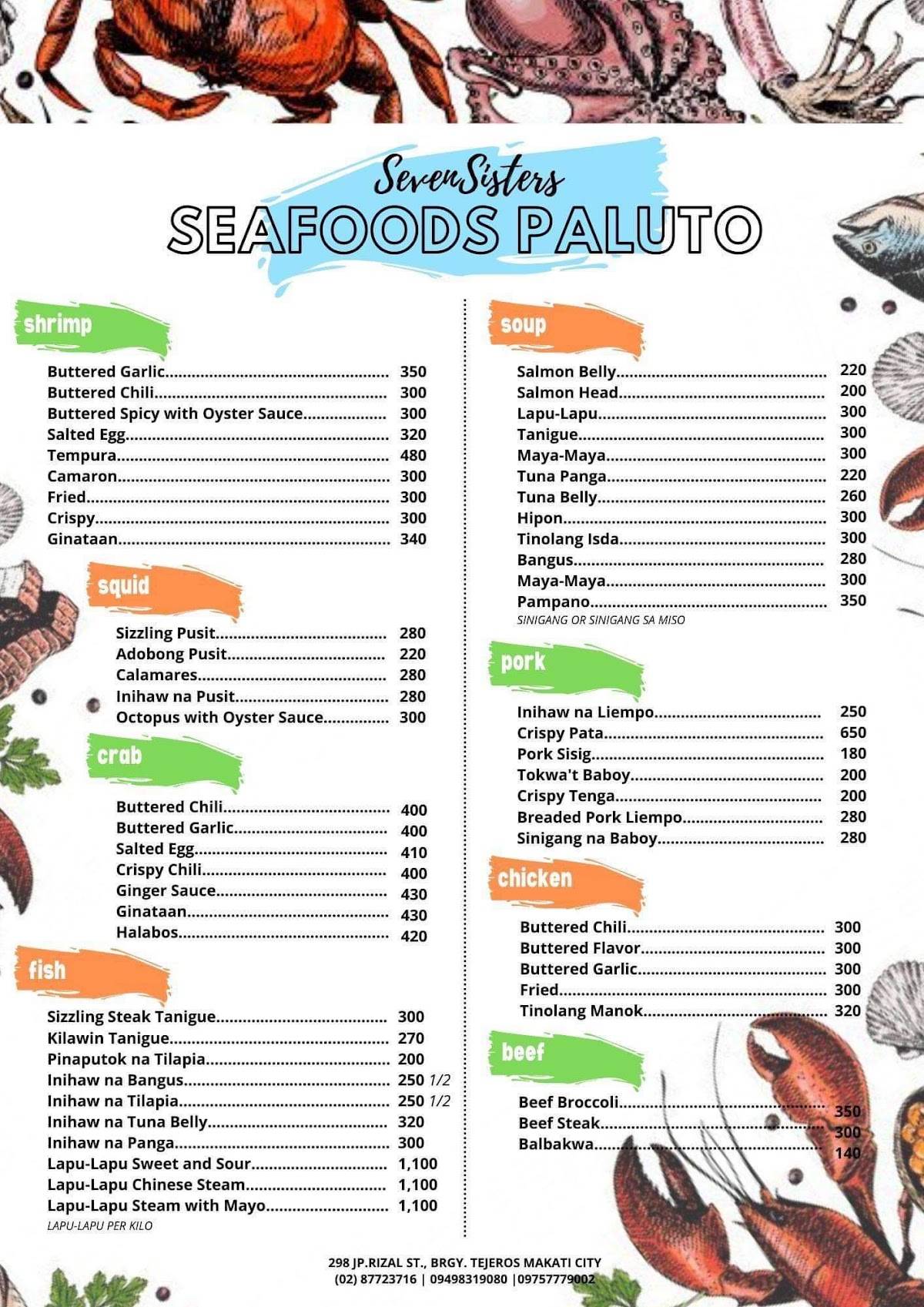 Menu at Seven Sister's Seafood Paluto restaurant, Makati