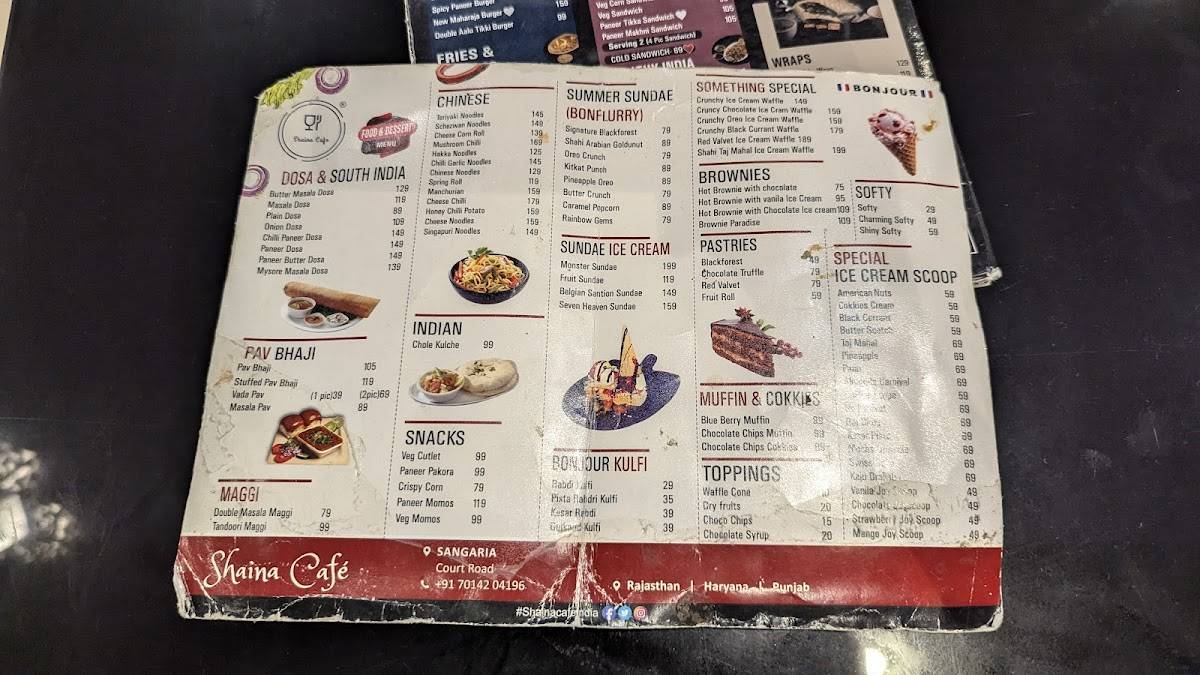 Shaina cafe menu