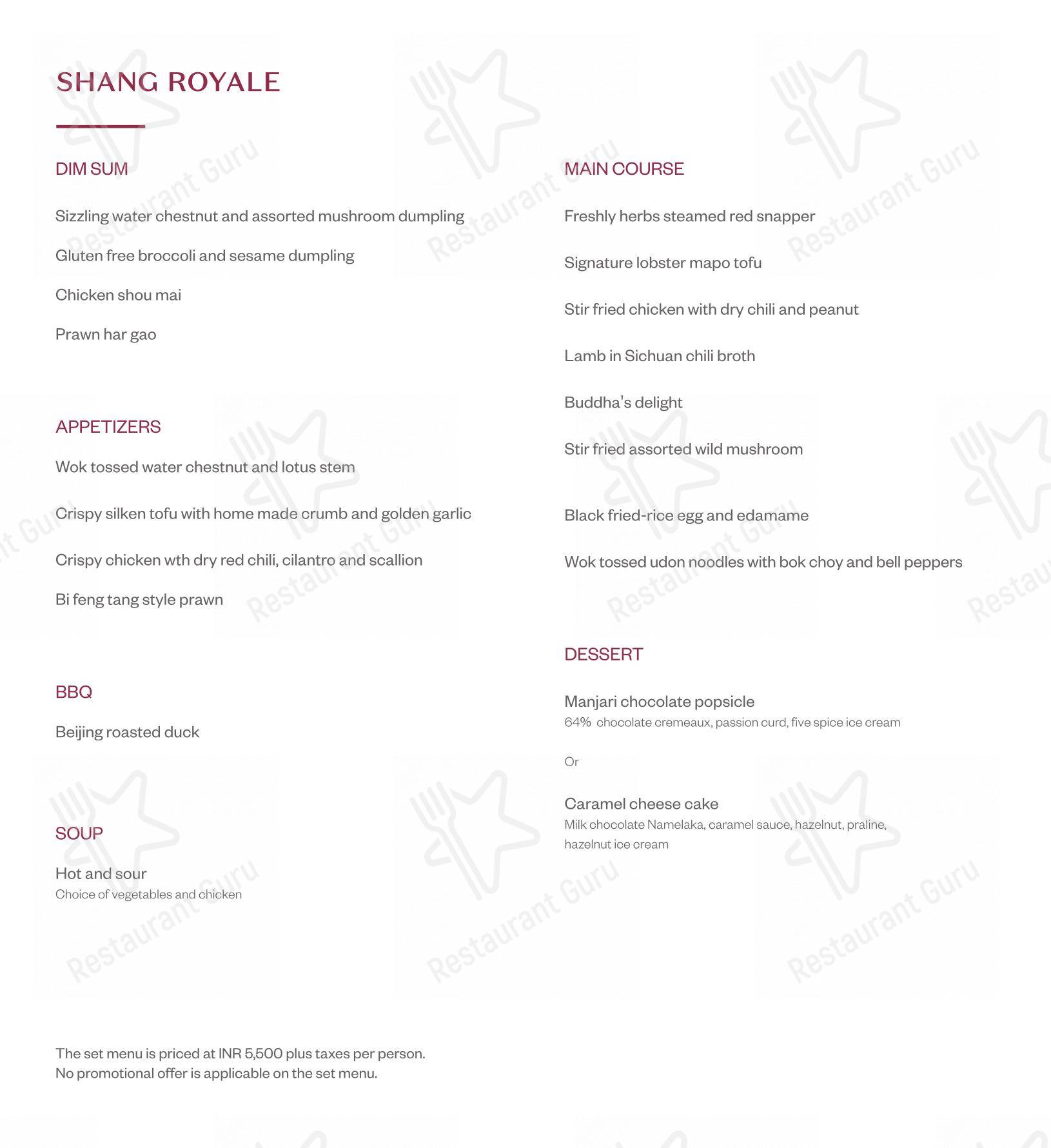 Shang Palace in New Delhi - Menu