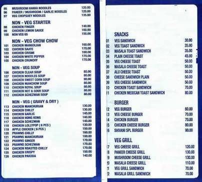 Shivani Chinese & Pizza Corner menu