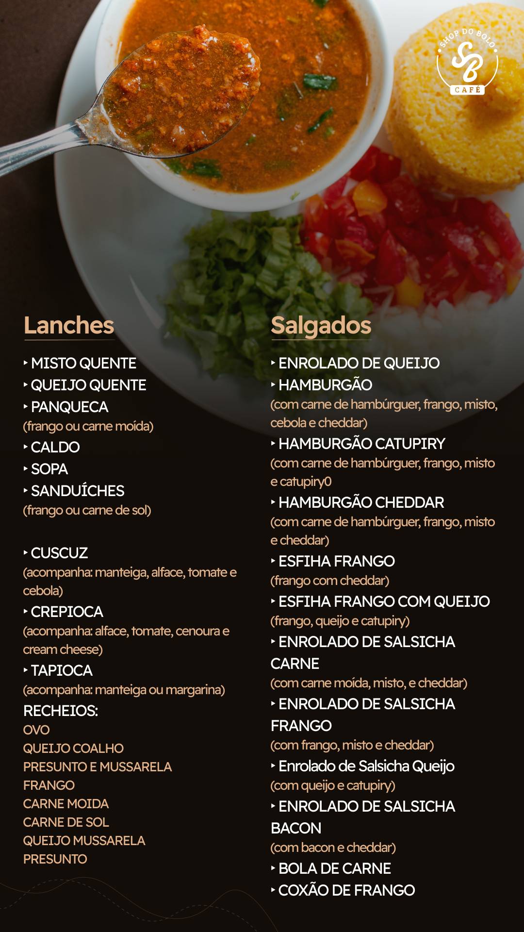 Shop Do Bolo Café cardápio